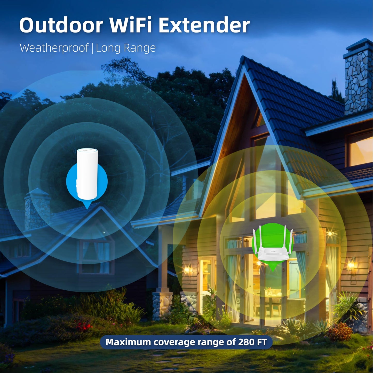 AC1200 Outdoor WiFi Extender, 2-Minute Quick Pairing, Dual-Band,AP&Repeater,Up to 85 m,65 Devices, One Ethernet Port (RJ45)?Home Signal Booster