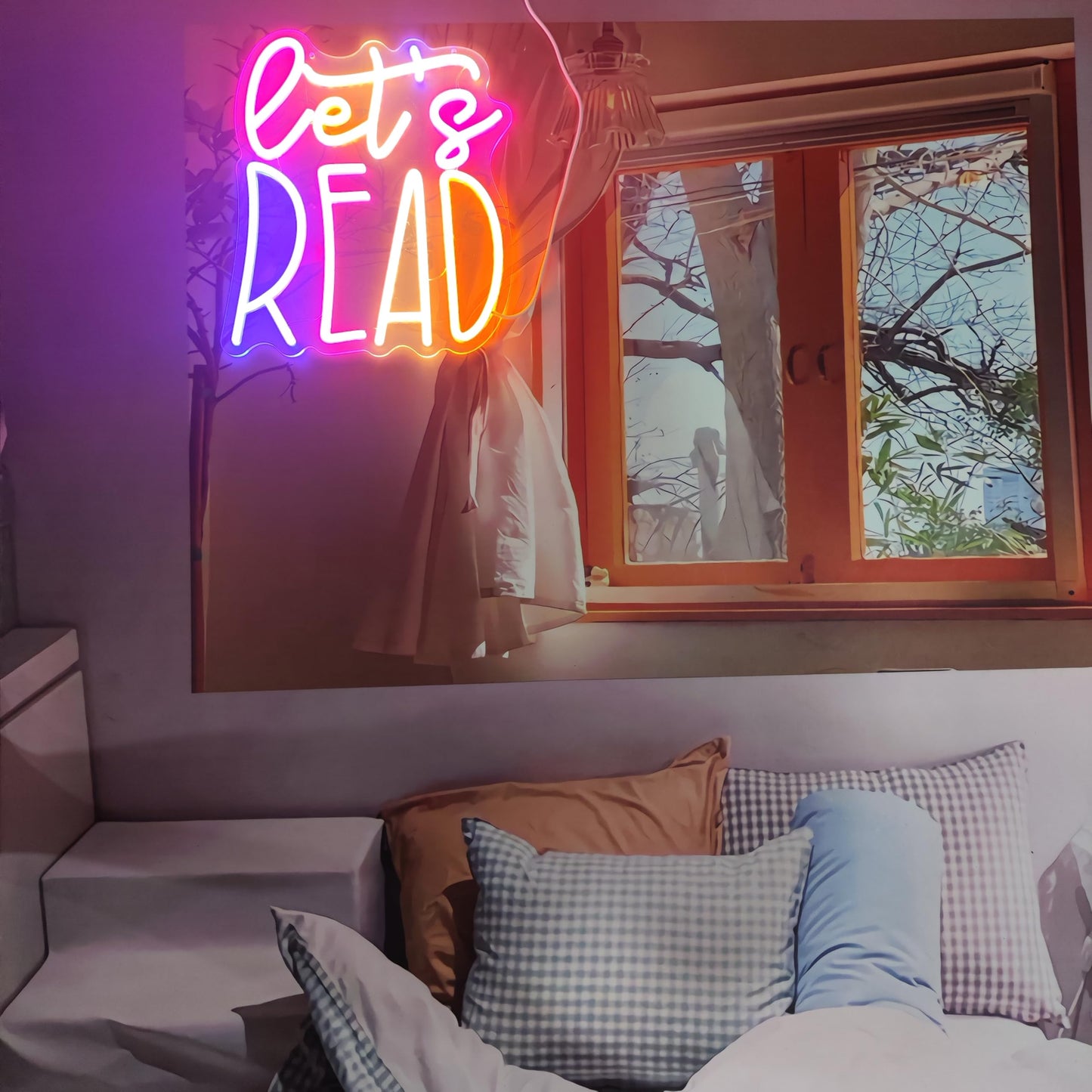 RSEthan LED Neon Sign Let's Read 13"x11.4" USB Powered Dimmable Purple Pink Gradient Classroom Library Reading Corner Decoration Motivational Gift