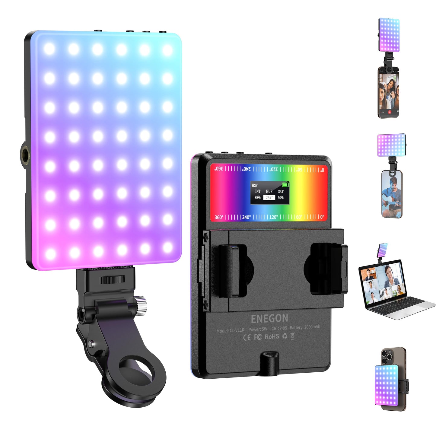 ENEGON RGB Selfie Light, 360° Full Color RGB Video Light with 24 Effects, 78 LED 2000mAh Rechargeable CRI 95+ and 2500K-9000K CCT, Portable Clip on