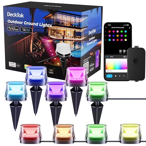 DeckTok Outdoor Ground Lights, 50ft Smart RGBCW LED Pathway Lights Work with Alexa, Google Assistant, 15 Pack IP67 Waterproof Landscape Lighting