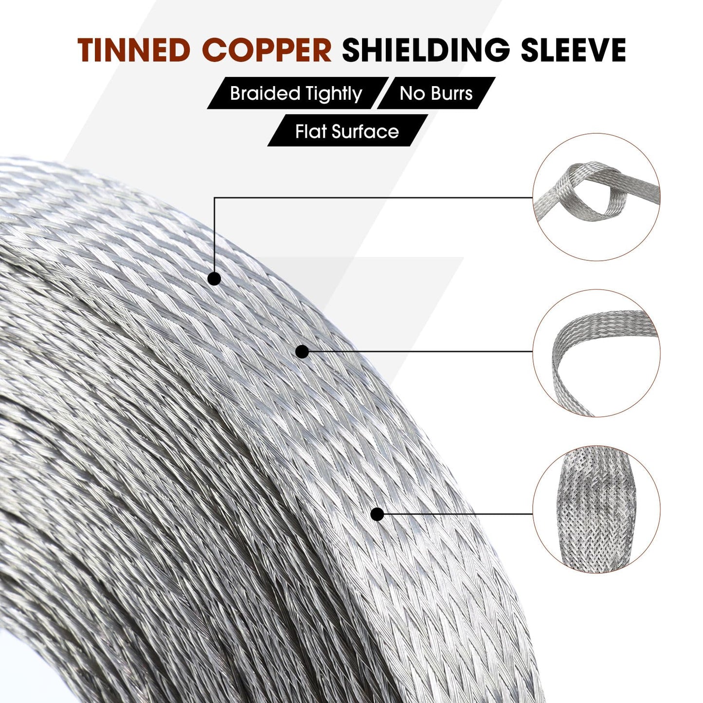 Wire Shielding Sleeve Tinned Copper Braid Ground Straps Cable Sheathing Protection Flat Metal Mesh Flexible Expandable (1/4 in Wide(0.16 in Dia)-15ft)