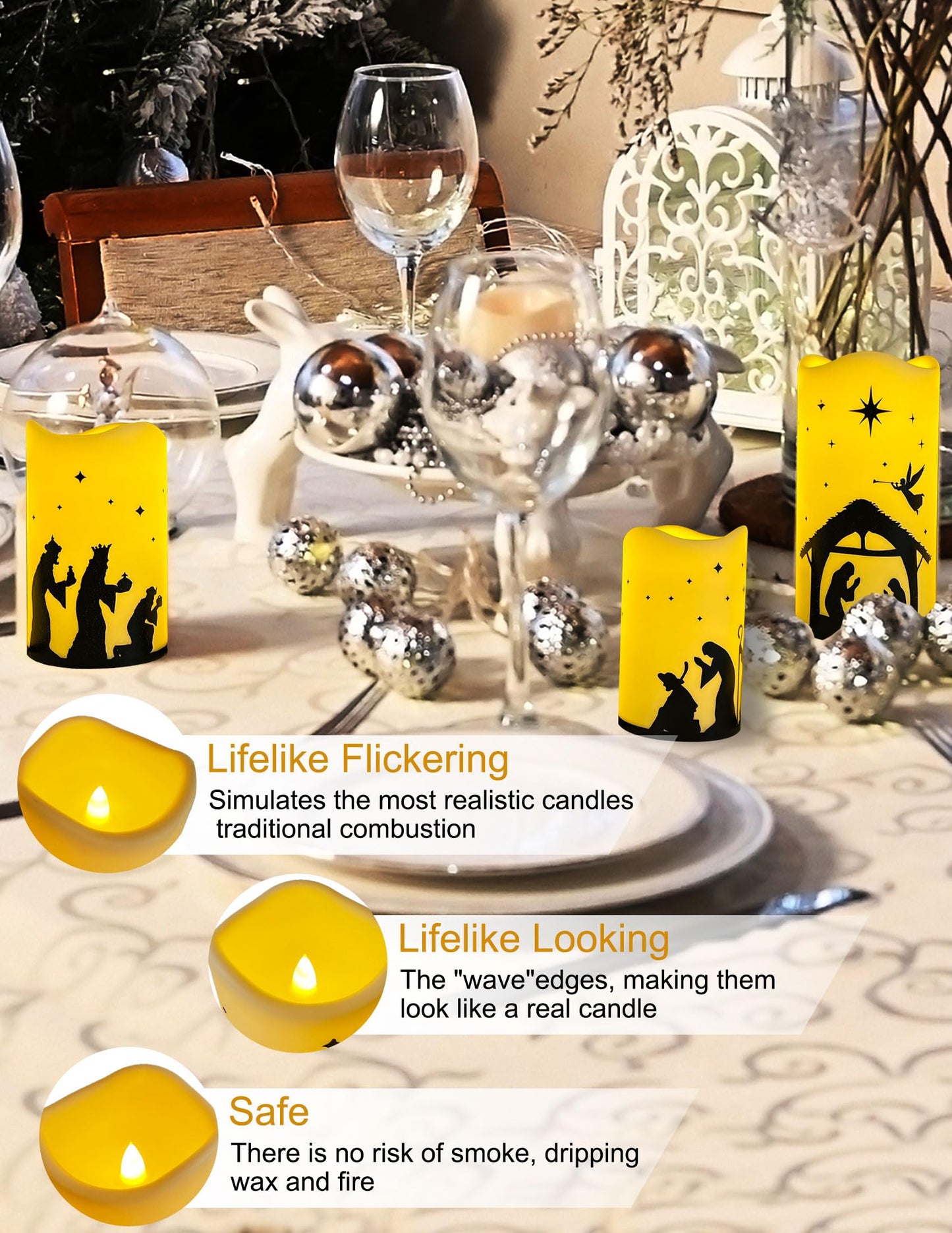 QVAIVE Flameless Christmas Nativity Scene Candles, Pillar Flickering Religion Candle with Timer Remote,Battery Operated LED Fake Candle for Xmas Home