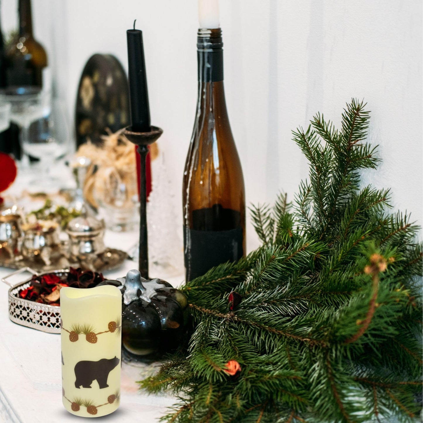 BestGiftEver Battery Operated Flameless Candle with Bear and Pinecone Design - Decorative LED Candle Light for Rustic Decor and Holiday Decorations