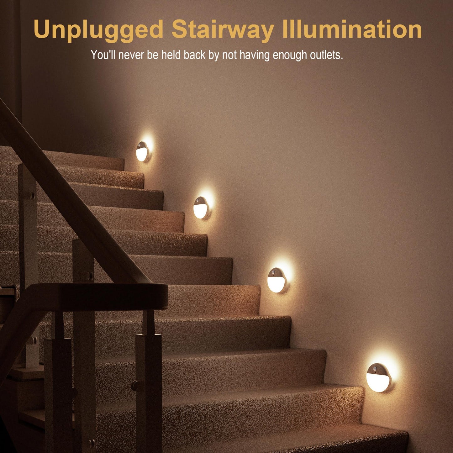 YUNLEX 4 Pack Stair Lights Indoor, 2.6" Small Stick on Lights, Dimmable Motion Sensor Night Light, 3 Light Modes, Portable Battery Night Light