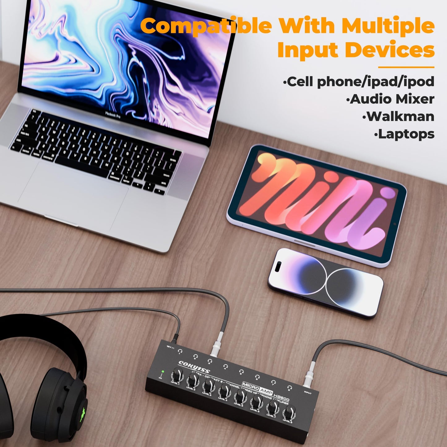 COKYISS® 8-Channel Headphone Amplifier with 9 Adapters - Portable Ultra-Low Noise Multi-Port Stereo Headphone Distributor (8 Output/1 Input)