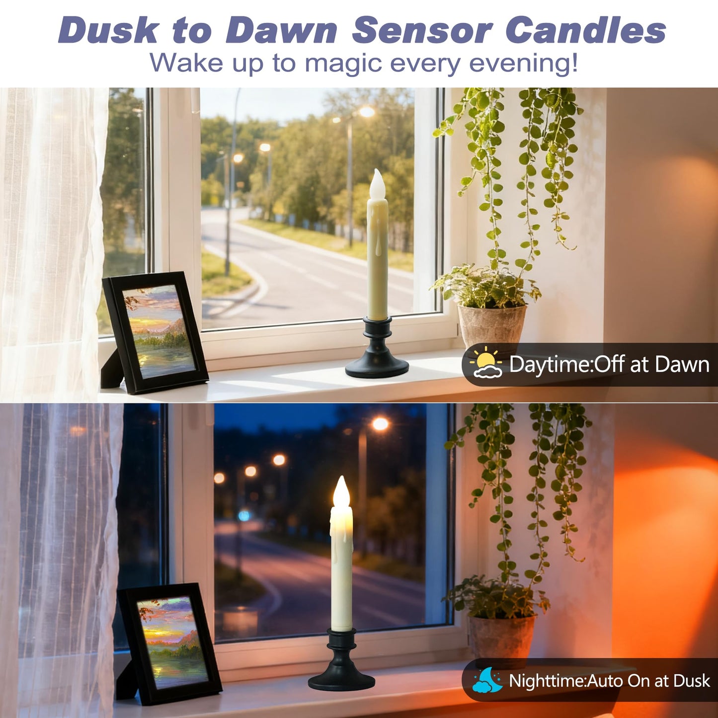 FREEPOWER Battery Operated LED Window Candles with Dusk to Dawn Sensor, Ivory Flameless Flickering Candlesticks with Suction Cups & Removable Black
