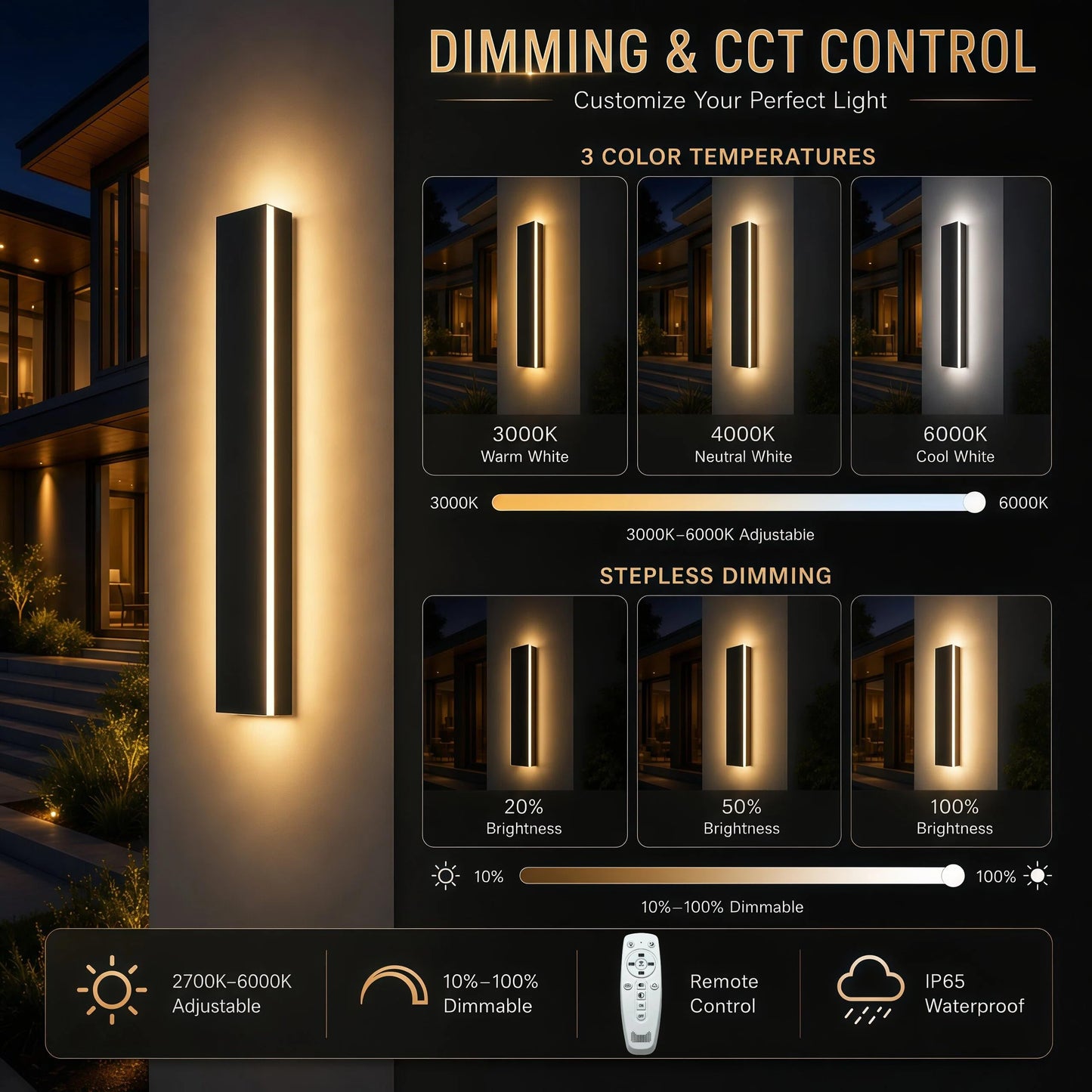 ZEOMLON 2pcs 39in Modern Outdoor Wall Light, 4.33in Wide Linear Exterior Wall Light, IP65 Waterproof Dimmable Outdoor Sconce, Black Long LED Exterior