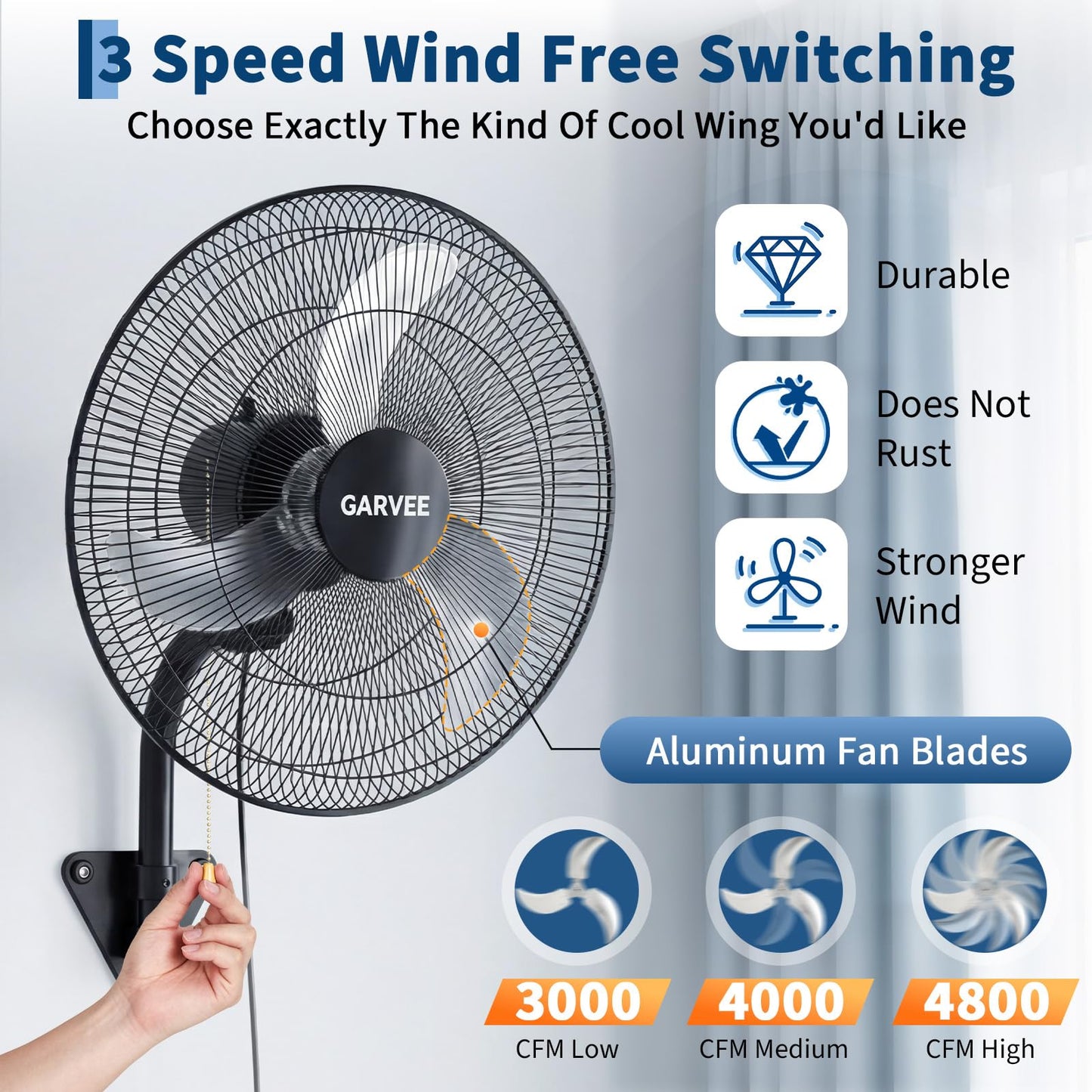 Garvee 20 Inch Oscillating Wall Mount Fan, 3 Speed High Velocity 4800 CFM Industrial Wall Fan, 90° Oscillation & 30° Tilt Cooling,Wall Fan for Home