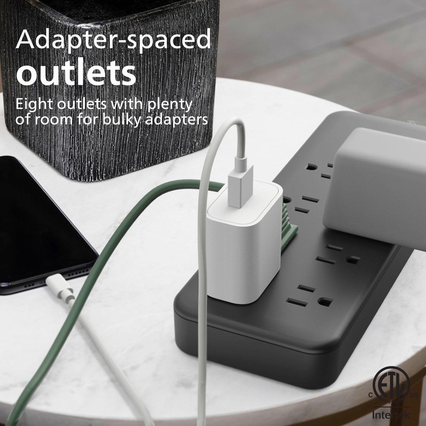 Philips EZFit 8-Outlet Surge Protector Power Strip, 8 Ft Braided Extension Cord, Widely Spaced Outlets, Flat Plug, for Home Office Dorm Essentials
