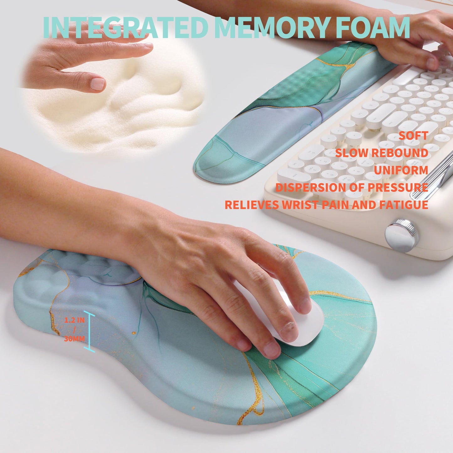 KUOSGM 2-in-1 Ergonomic Set, Wave Rise Keyboard Wrist Rest and Massage Bulge Slope Mouse Pad Wrist Support, Cushion Memory Foam Integrated to Relieve