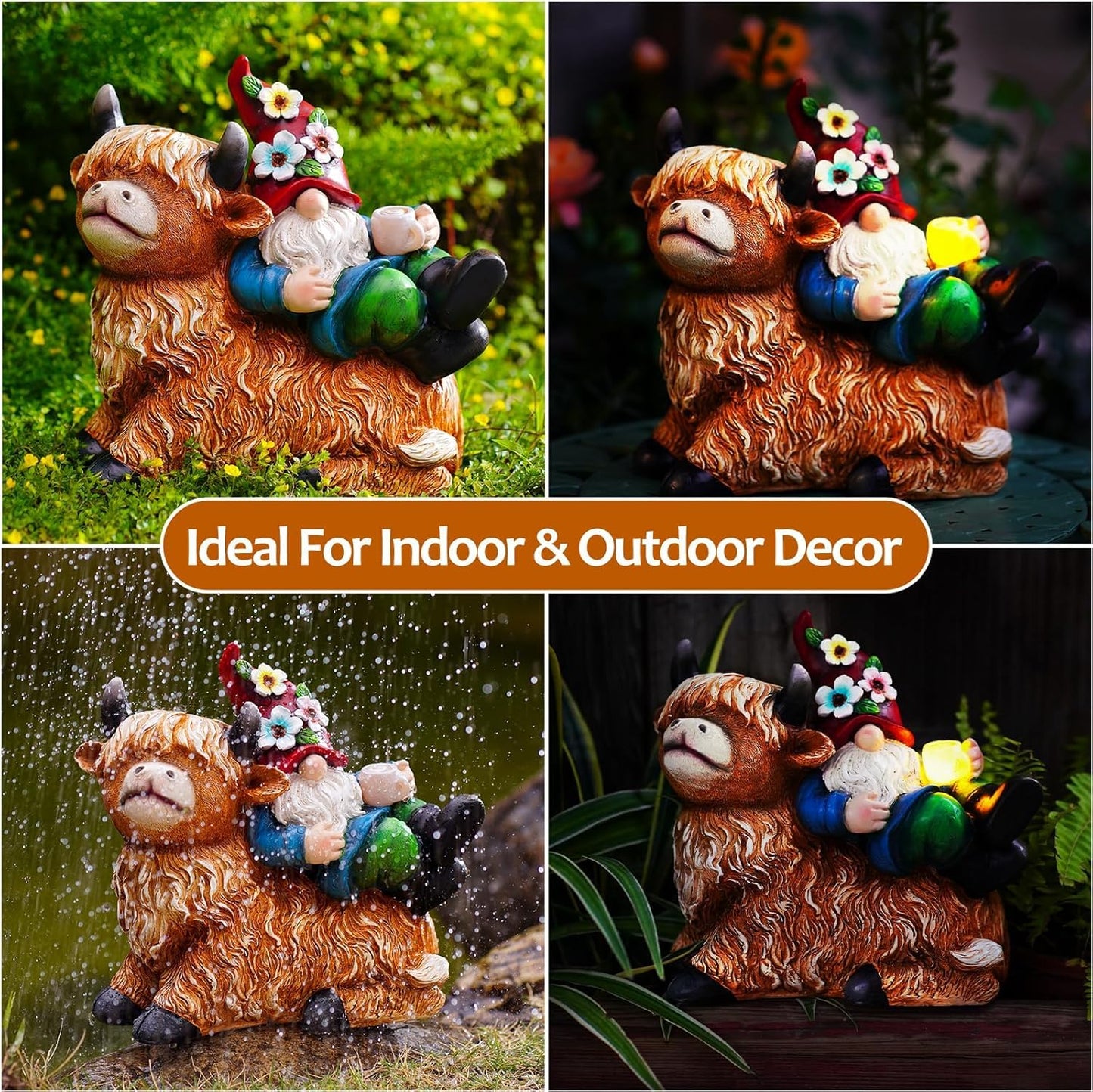 Pohabery Garden Gnomes Decor Outdoor Statues Gnome on Highland Cow Hold Solar Cup Light Outdoor Decorations for Patio,Yard and Gift for Mom?L