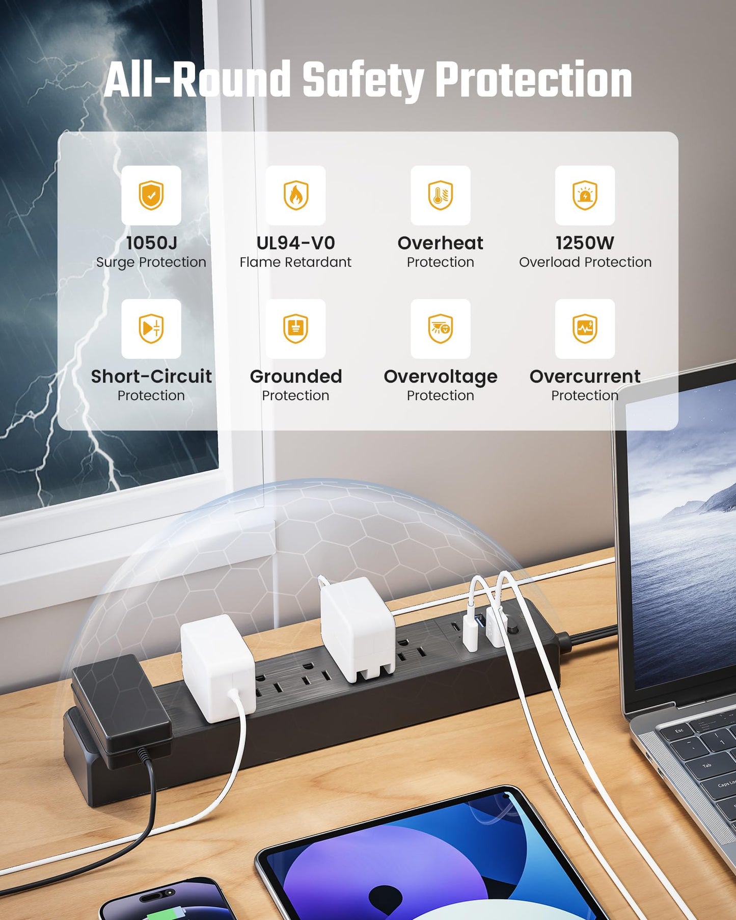 Power Strip, SUPERDANNY 6-Outlet Surge Protector, 4 USB Ports, 4.5 Ft Extension Cord, 900 Joules, Mountable, Overload Switch, Protected Indicator