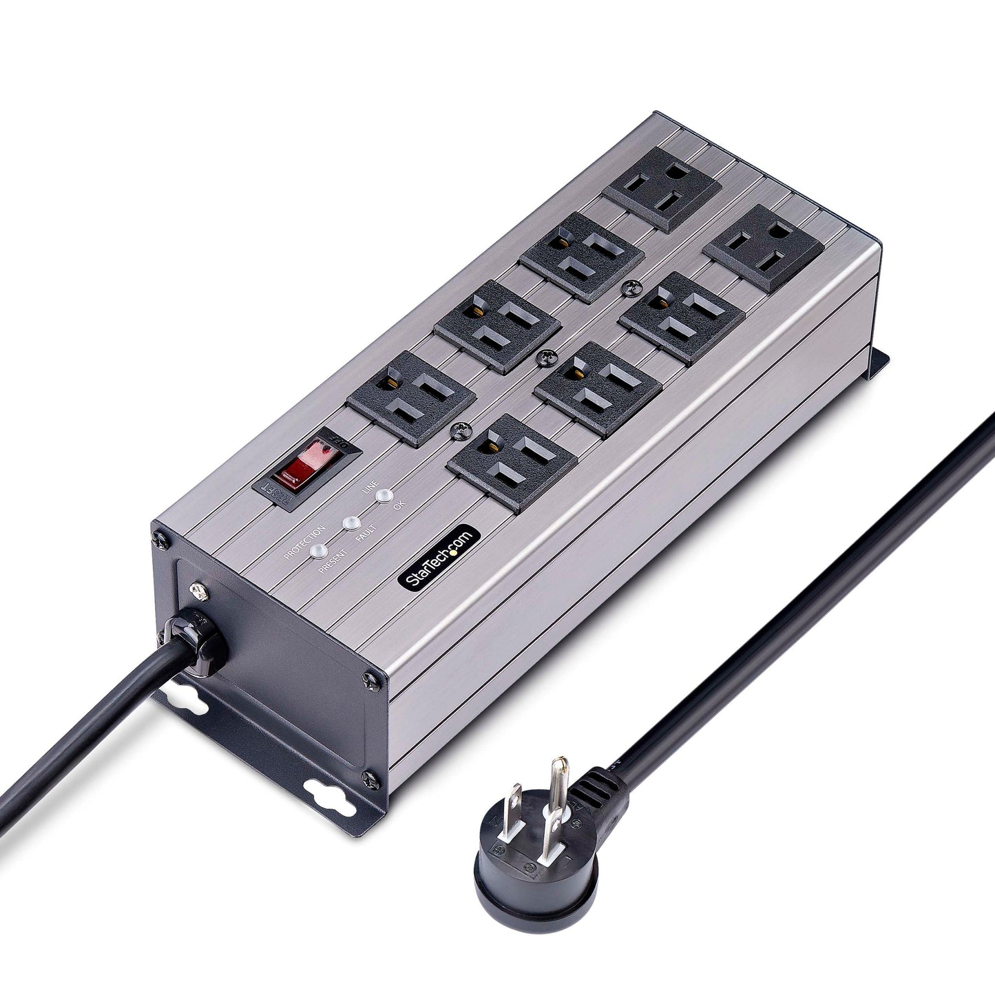 StarTech.com Flat Plug 8-Outlet Heavy Duty Industrial Power Strip 125V/15A with Surge Protector, EMI/RFI Isolation, Mountable PDU, 12ft/3.6m Extension