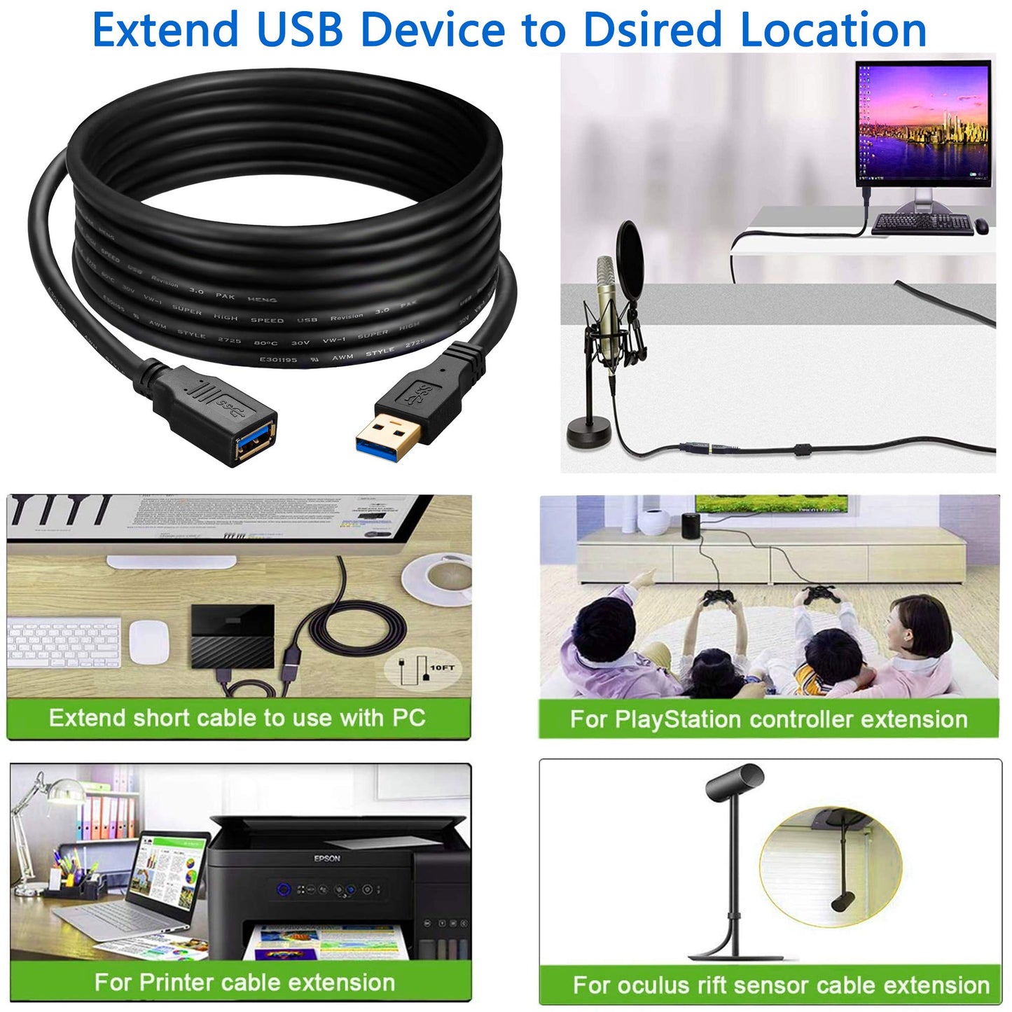 Hftywy USB Extension Cable 1.6ft, USB 3.0 Extender Male to Female Cord High Data Transfer Compatible with Webcam,USB Keyboard,Flash Drive,Hard