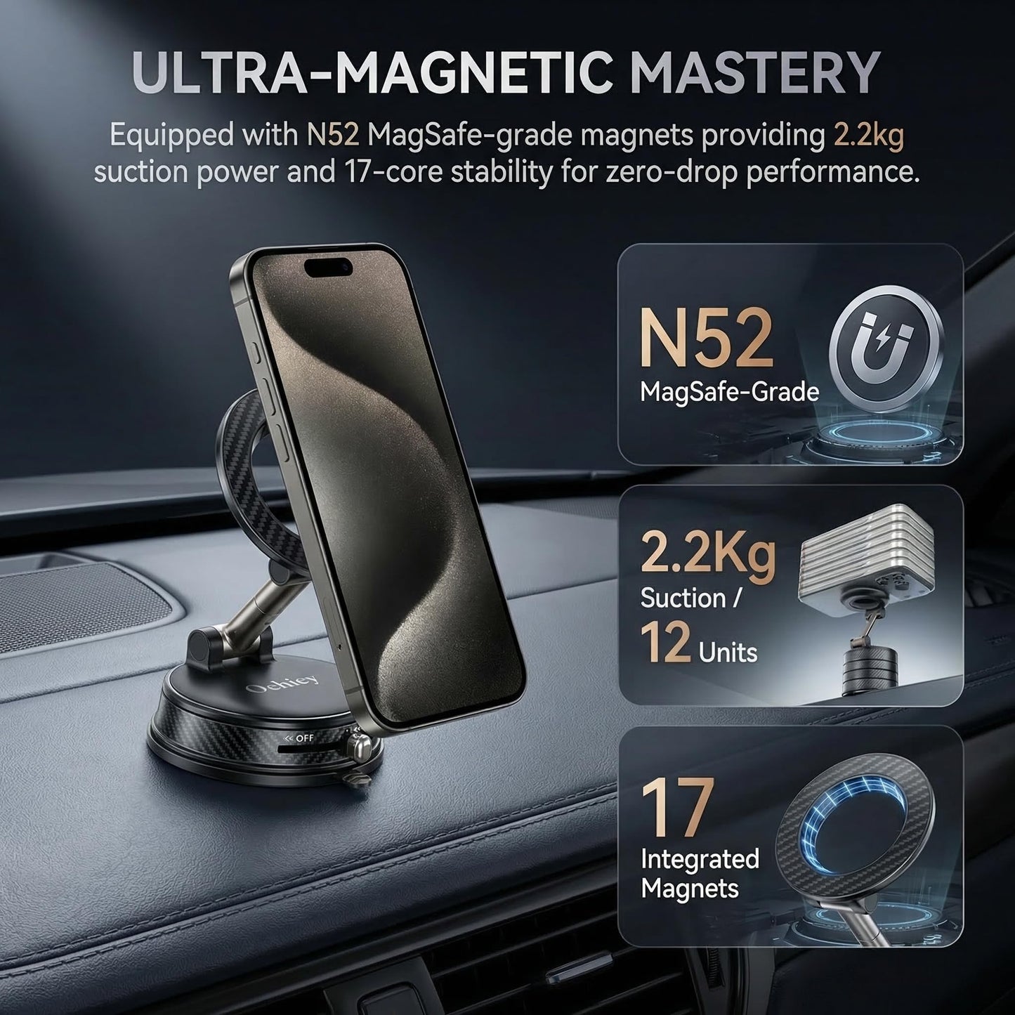 Oehieiy Car Phone Holder, Black Magnetic Phone Holder for Car, N52 Strong Magnets Suction Cup Mount, Dashboard Windshield, 1080° Rotation for All