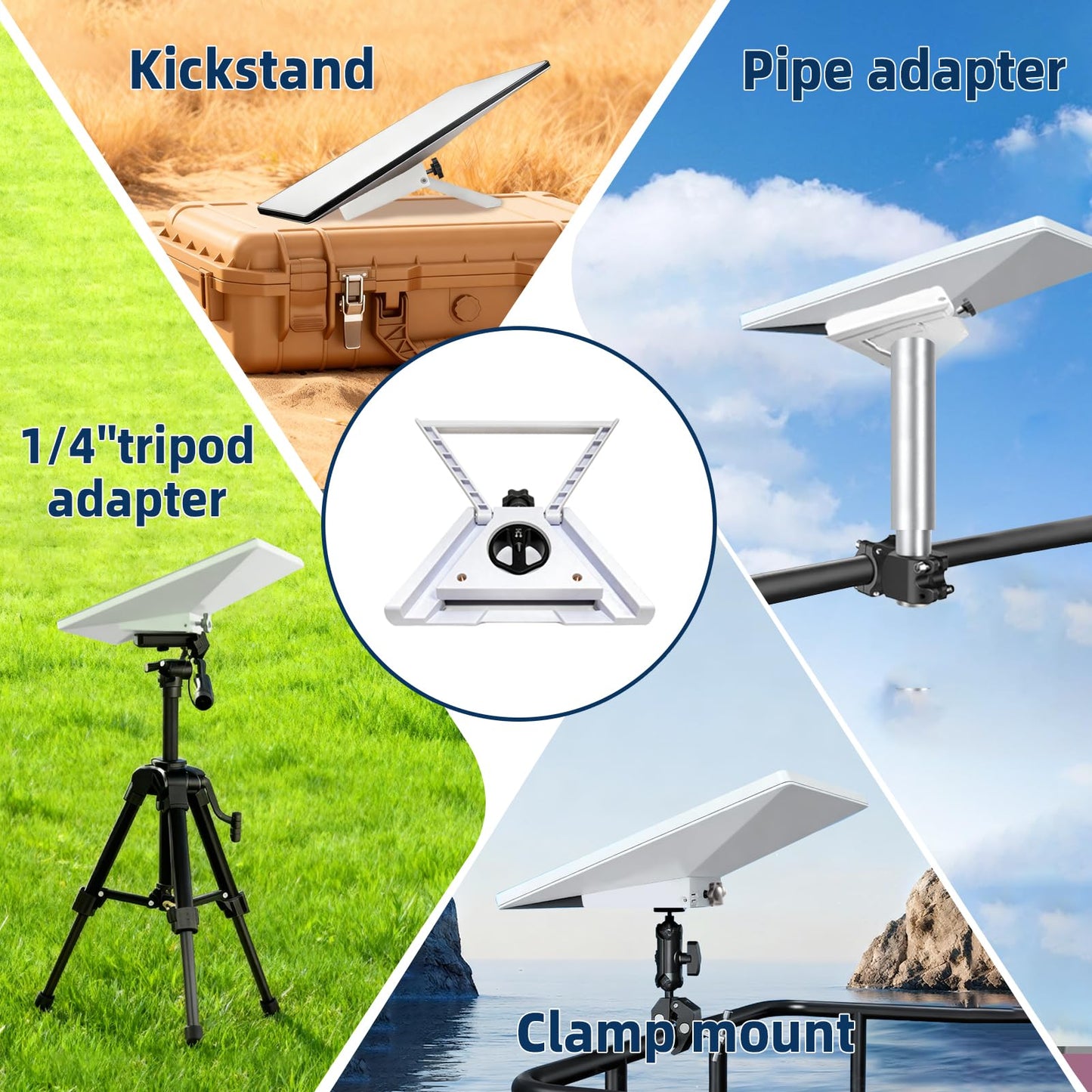 Ablian 3-in-1 Mount for Starlink Mini, Replacement Kickstand with 1/4" Tripod Thread Adapter Supports 110° Flat-Surface Angle,Pipe,Tripod and Clamps