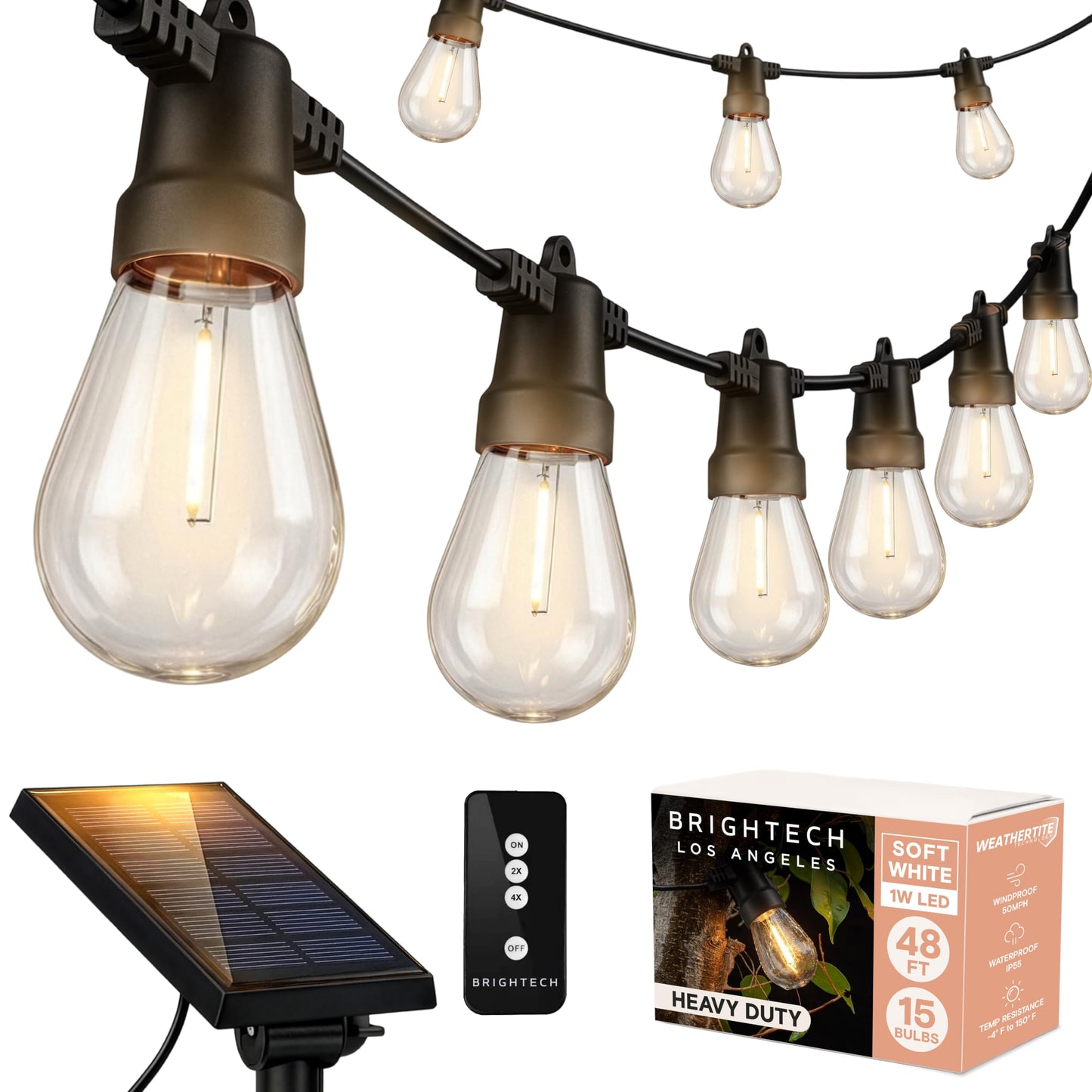 Brightech Ambience Pro Solar Powered Outdoor String Lights, 48ft Remote Control Commercial Grade Waterproof Patio Lights, 15 Edison Bulbs