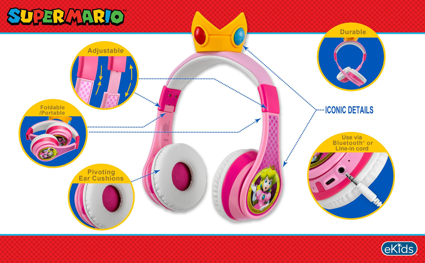 Princess Peach Bluetooth Headphones for Kids Wireless Headphones for School