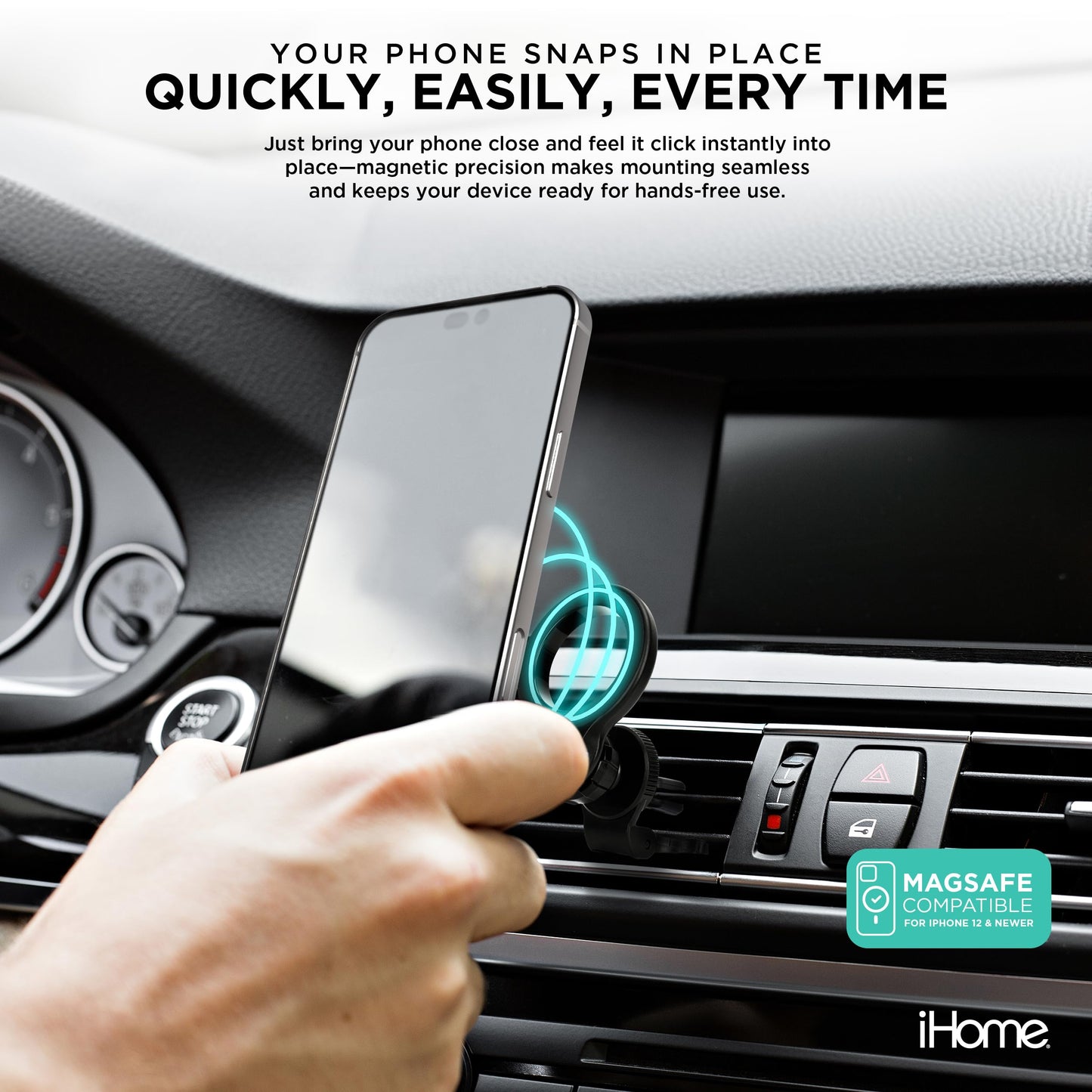 iHome Air Vent Clip Car Mount, 360° Rotation, Secure Fit, Adjustable Grip (Magnetic Air Vent)