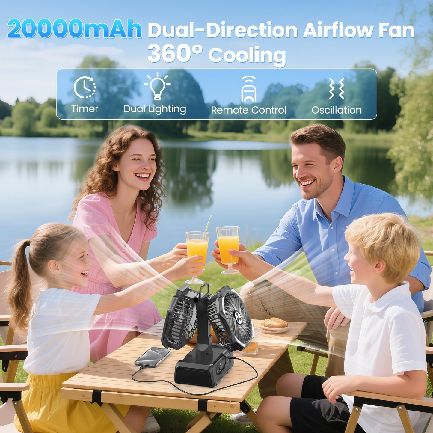 Dual Head Portable Rechargeable Fan 20000mAh Battery Powered Fan Cordless