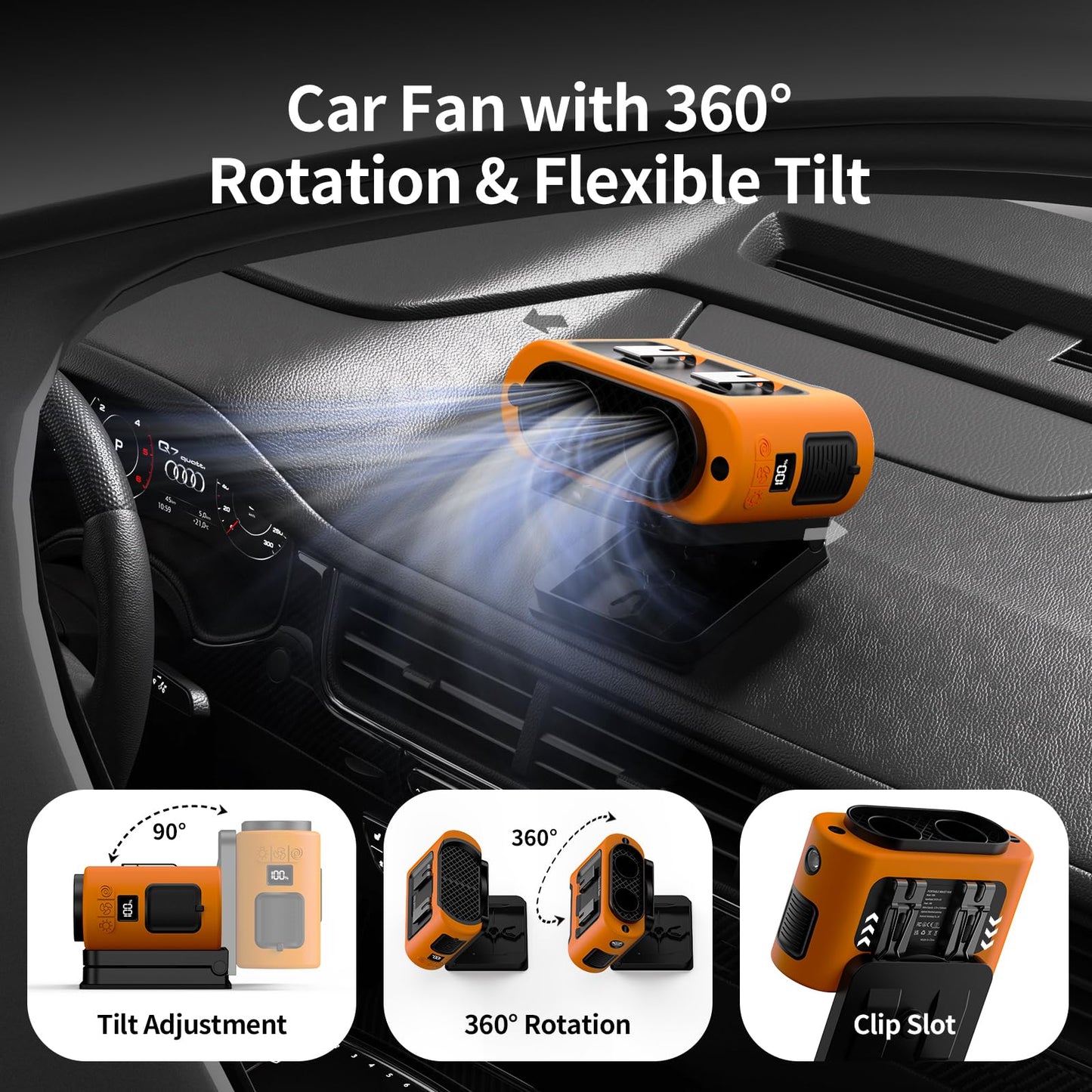 Socool Portable Car Fan - 14500mAh Rechargeable Battery Opearated, Clip on Car Seat Headrest 360 Rotatable, 5-Speed Backseat Fans for Baby Rear Facing