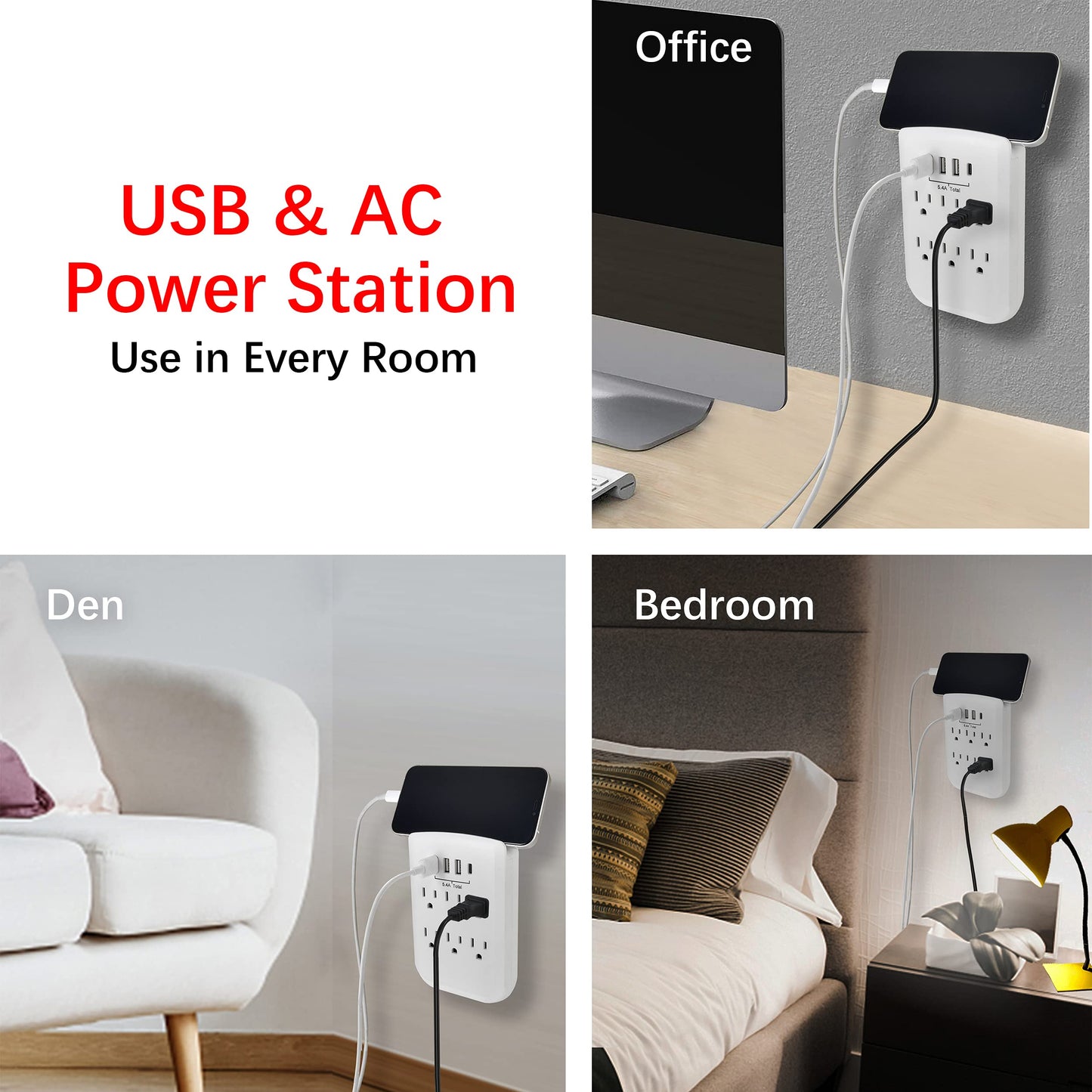Clear Power 2pack: 6-Outlet Wall-tap w/3-port USB-A & 1-Port USB-C Chargers, CP30007X2
