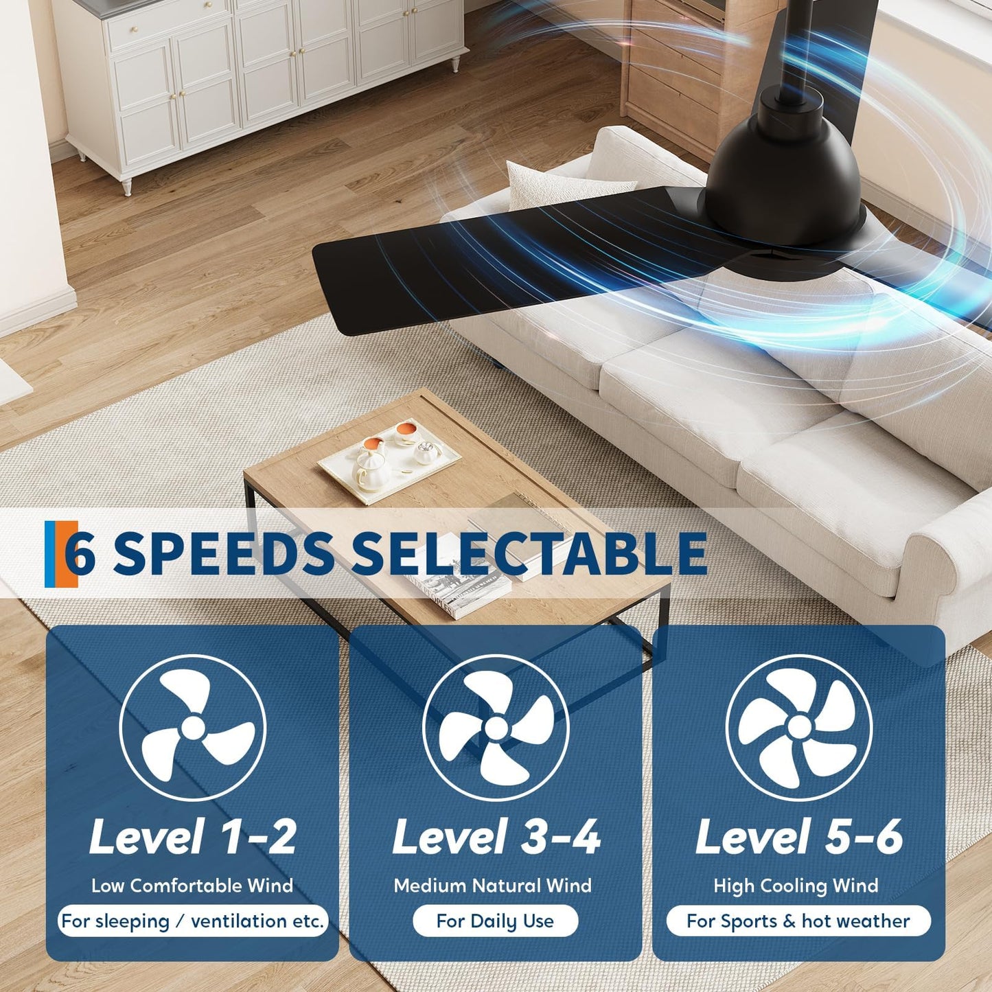GarveeHome 42 Inch Black Ceiling Fan with Lights and Remote, 3 ABS Blades Modern Low Profile LED Ceiling Fan, 3CCT Dimmable, Quiet 6 Speed Reversible