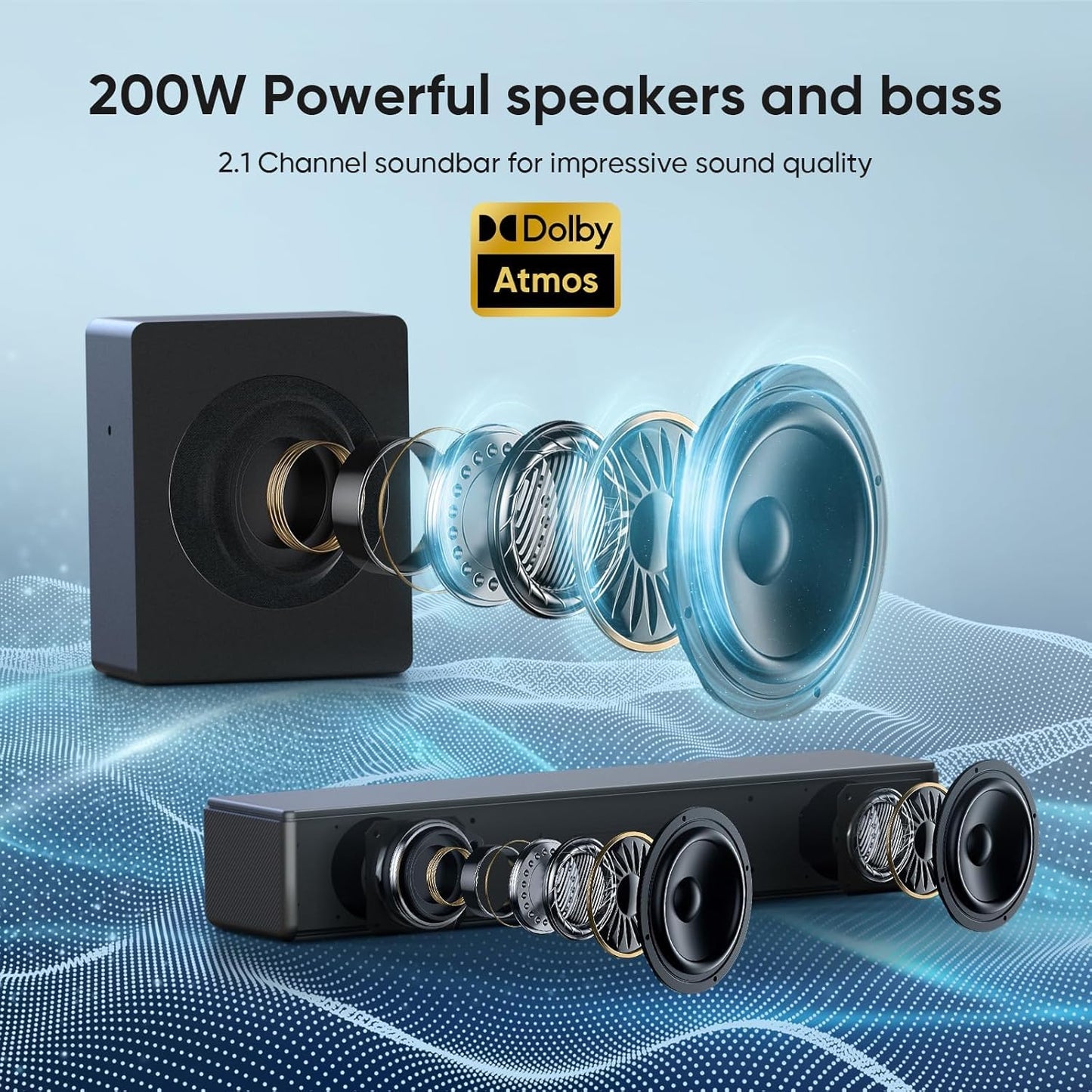 GEOYEAO Sound bar with subwoofer, 200W 2.1 ch soundbar w/Dolby Atmos Surround Sound System, 3D Bass Adjustable Home Theater Bluetooth TV Speaker