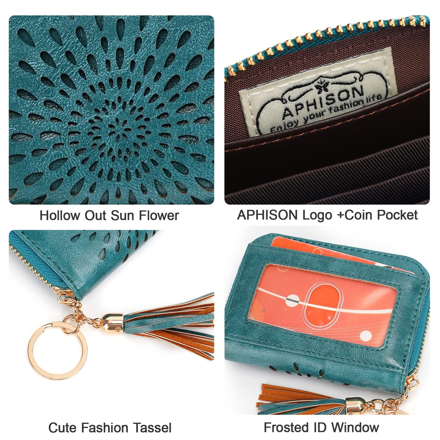 APHISON RFID Credit Card Holder Zipper Card Case Keychain Small Wallet for Women 1927 PEACOCK-BLUE