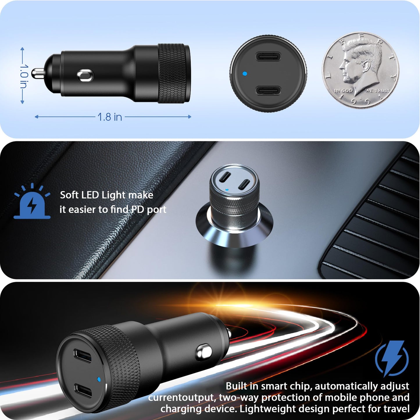 USB C Car Charger, 2Pack 60W Dual USB C Adapter Fast Charging Power Delivery Adapter Fast Type C Car Charger Plug Compatible with iPhone 17/17 Pro/17