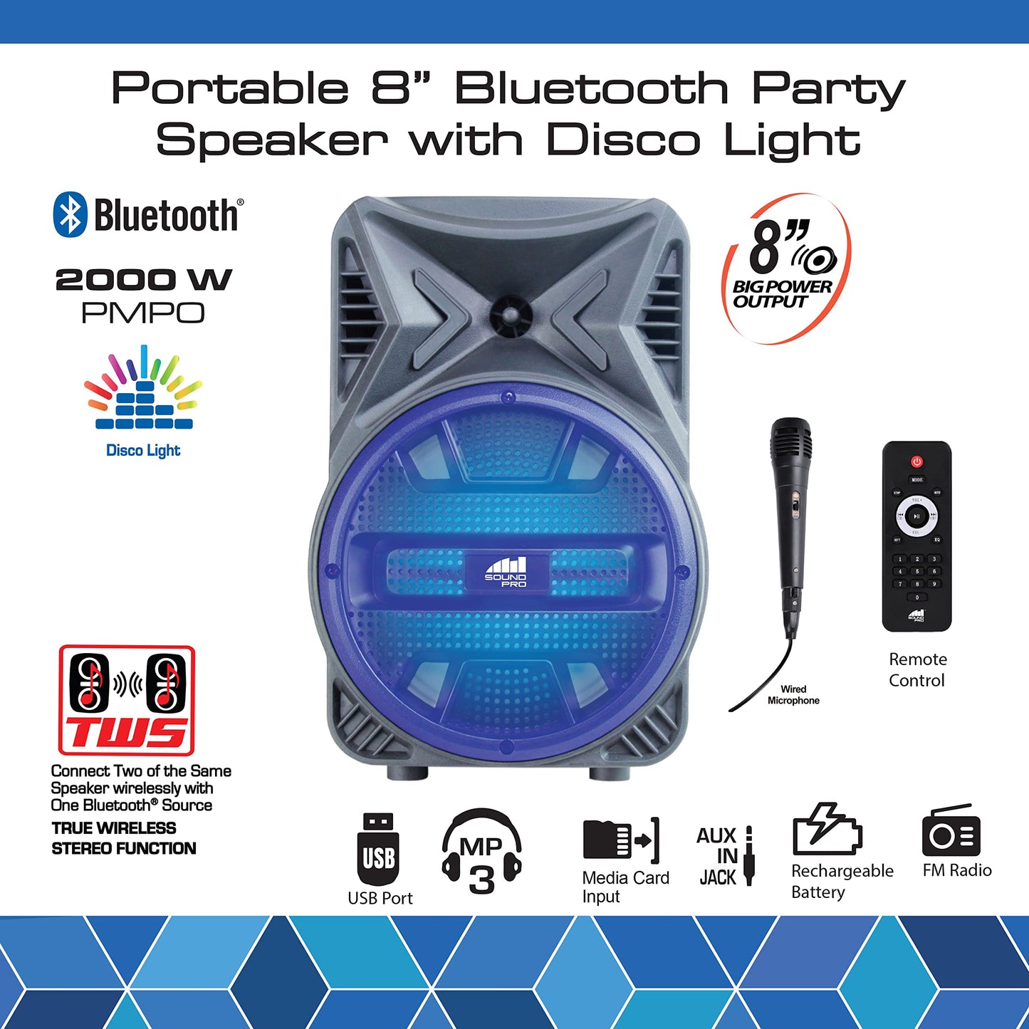 Naxa Electronics Portable Bluetooth Party Speaker with Disco Light, 8-inch, Gray