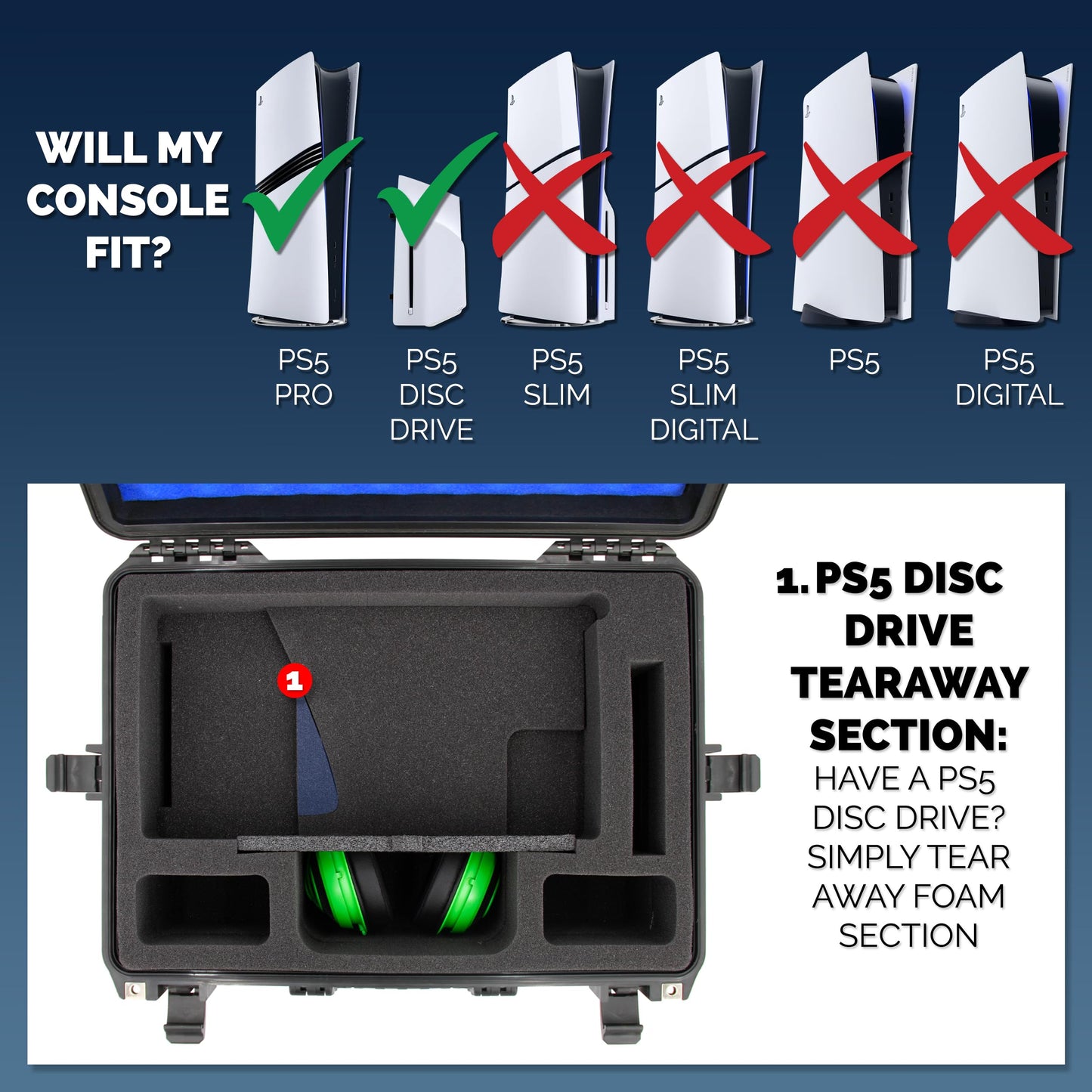 CASEMATIX Travel Case Compatible With PlayStation 5 Pro & PS5 Pro Disc Drive - Hard Shell Waterproof Case with Custom Foam for Console, Pro