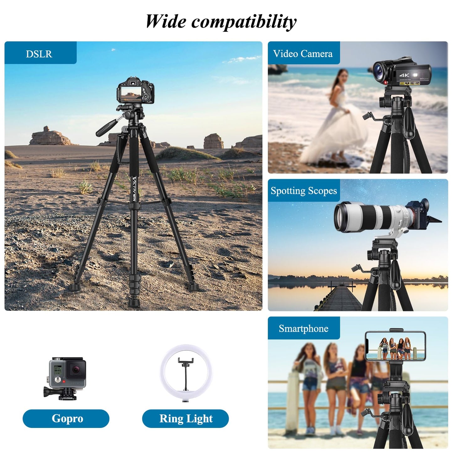 VICTIV 74” Camera Tripod, Tripod for Camera and Phone, Aluminum Professional Tripod Stand for Canon Nikon with Carry Bag and Phone Holder, Compatible