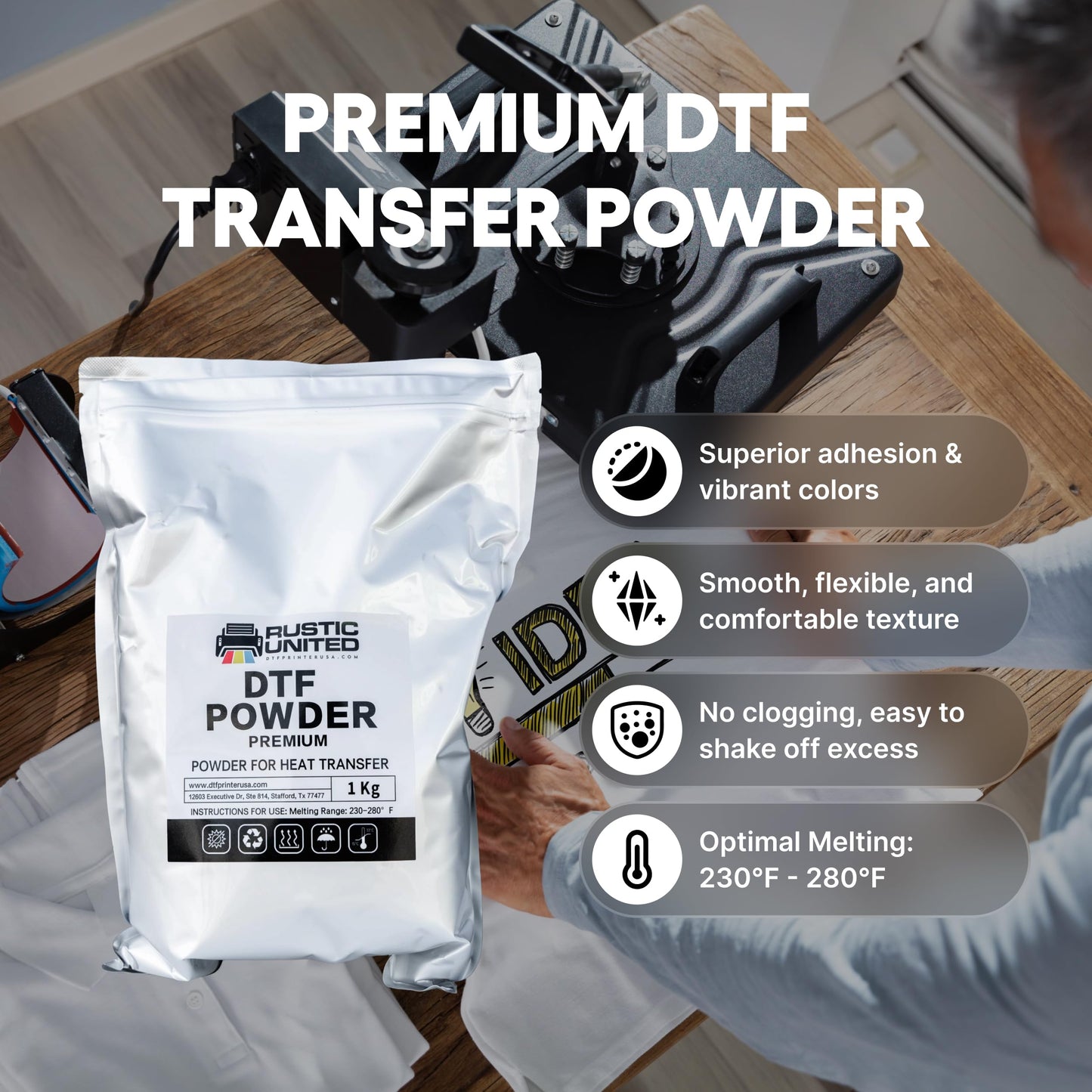 Rustic United DTF Powder, 1KG / 35.3oz Hot Melt PreTreat Adhesive Digital Transfer Direct Print Sublimation for All Type of Garments and Fabric