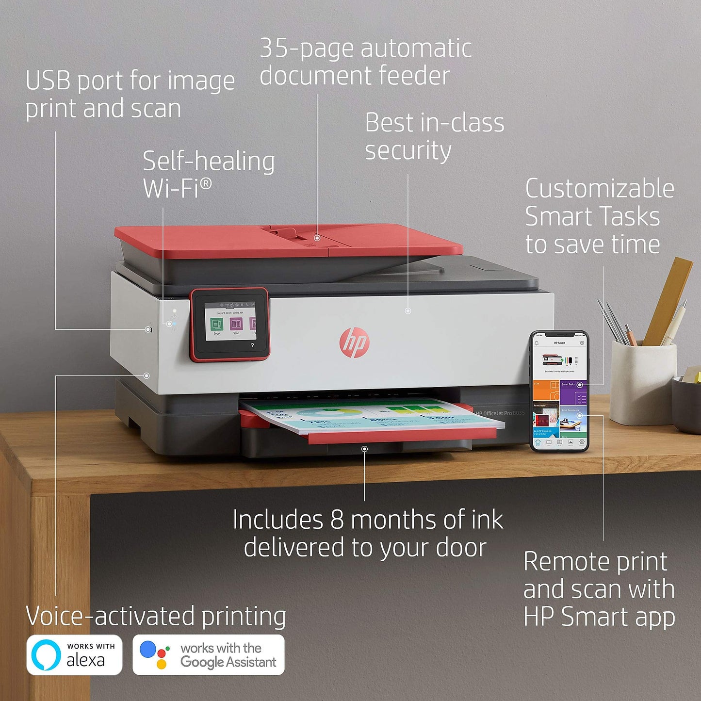 HP OfficeJet Pro 8035 All-in-One Wireless Printer - Includes 8 Months of Ink, Instant Ink, Works with Alexa - Coral (4KJ65A)