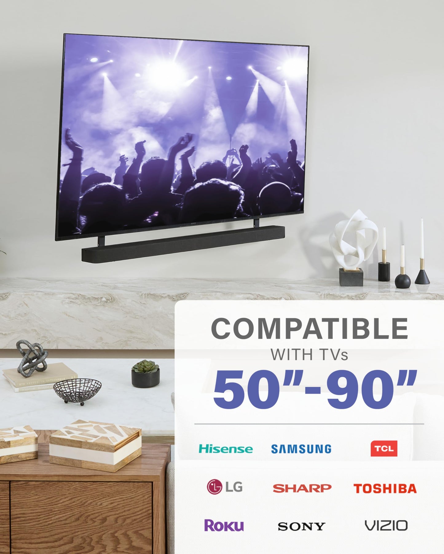 SANUS Height-Adjustable TV Soundbar Mount Compatible with Sony BRAVIA Theater Bar 8 & Bar 9 - Fits TVs 50 to 90 inches - Easy Install with Included