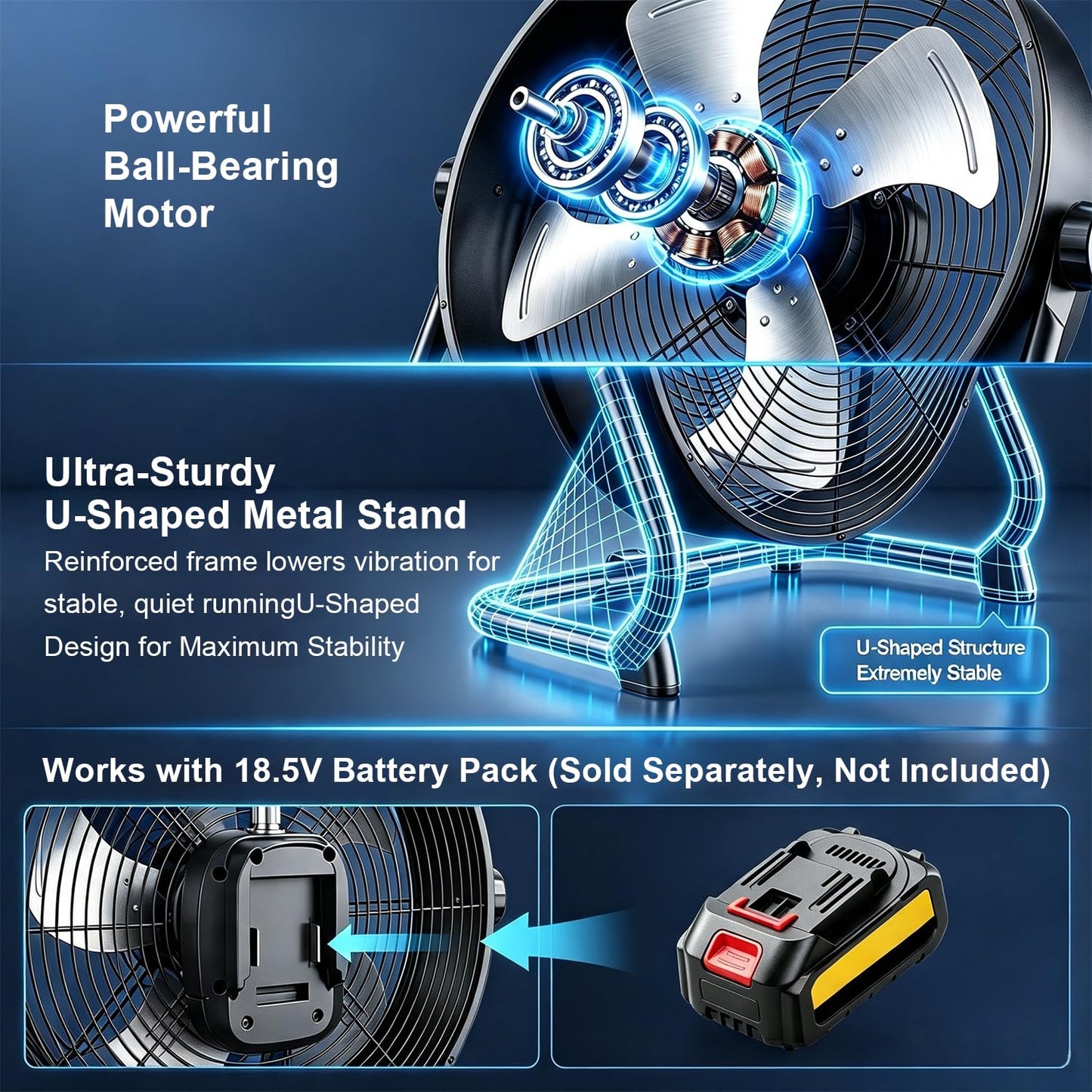 VortLab 18 Inch High Velocity Industrial Floor Fan, Stepless Variable Speed Metal Shop Fan, Multi-Angle Tilt, Dual Power Corded & Battery Operated
