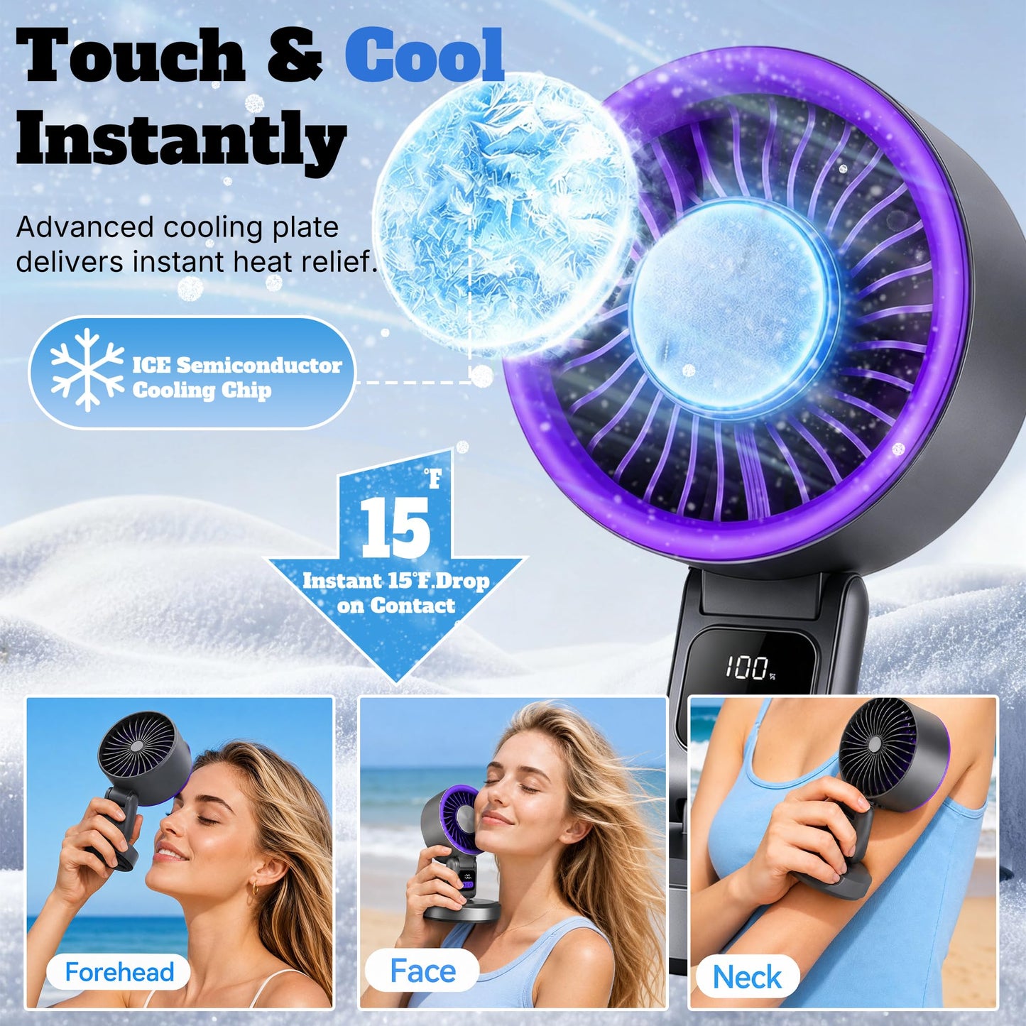 Sovrelon Desk Fan with Ice Cooling, 199-Speed Digital Display, Portable cordless Personal Fan 3600mAh Rechargeable, 180°Adjustable TiltQuiet Table Fan