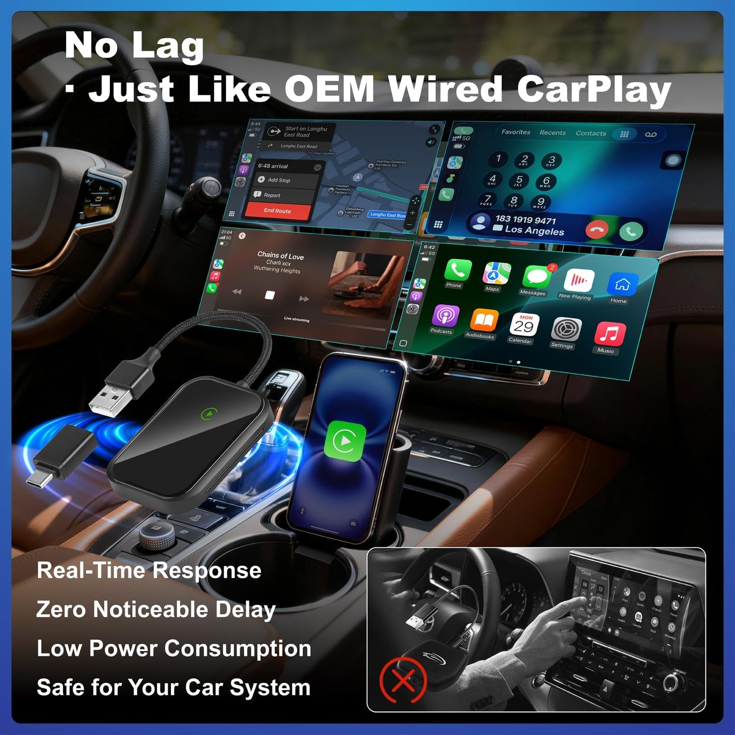 Wireless CarPlay Adapter for iPhone, Apple CarPlay Wireless Adapter USB-C, Bluetooth Connection, Auto-Switch for Multiple iPhones, Fast & Stable, iOS