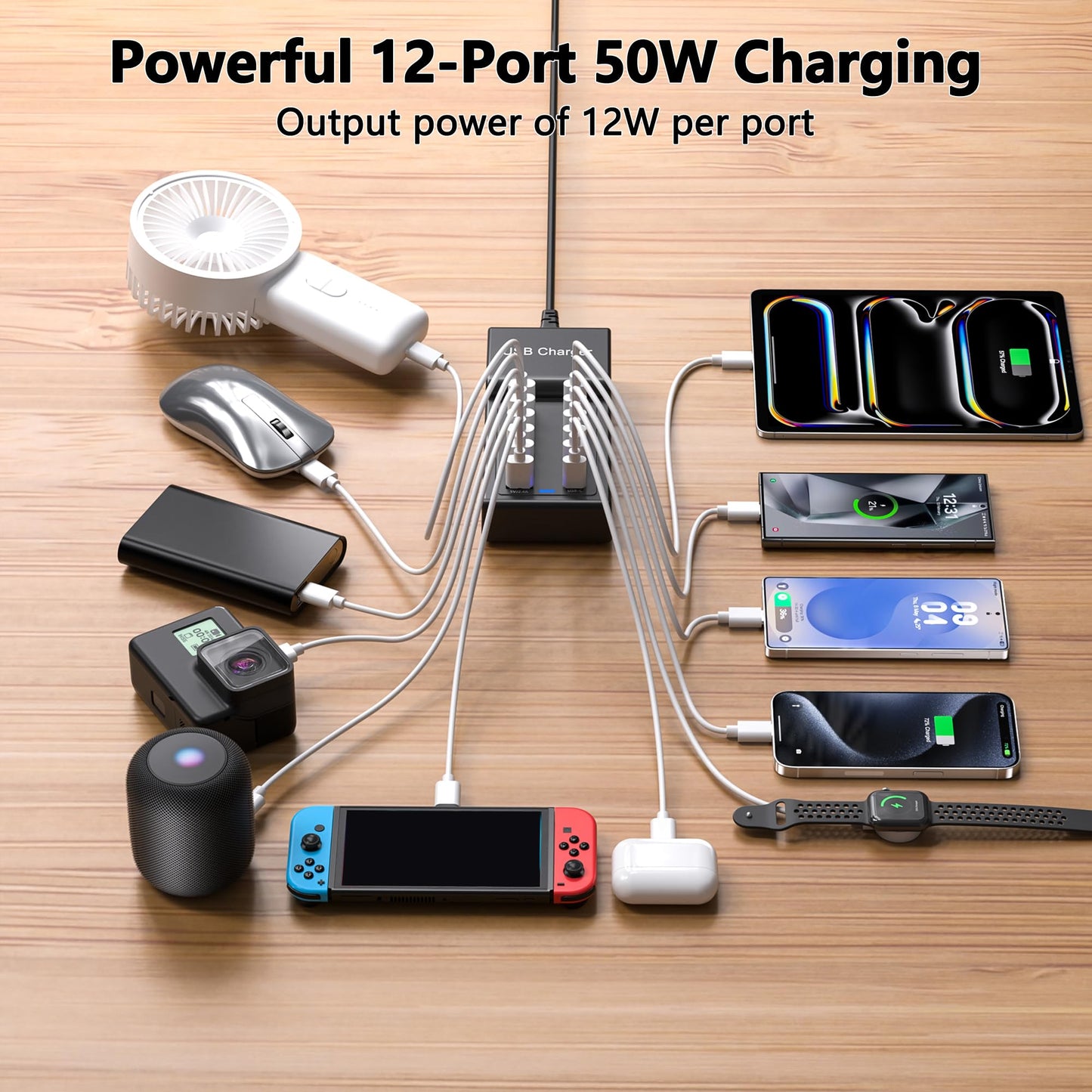 Multi USB Charger, USB C Charging Block Station, 50W 12 Port Multiple USB C Power Strip USB Hub Compatible with iPhone 16 Pro Max/15/14/13/12/11