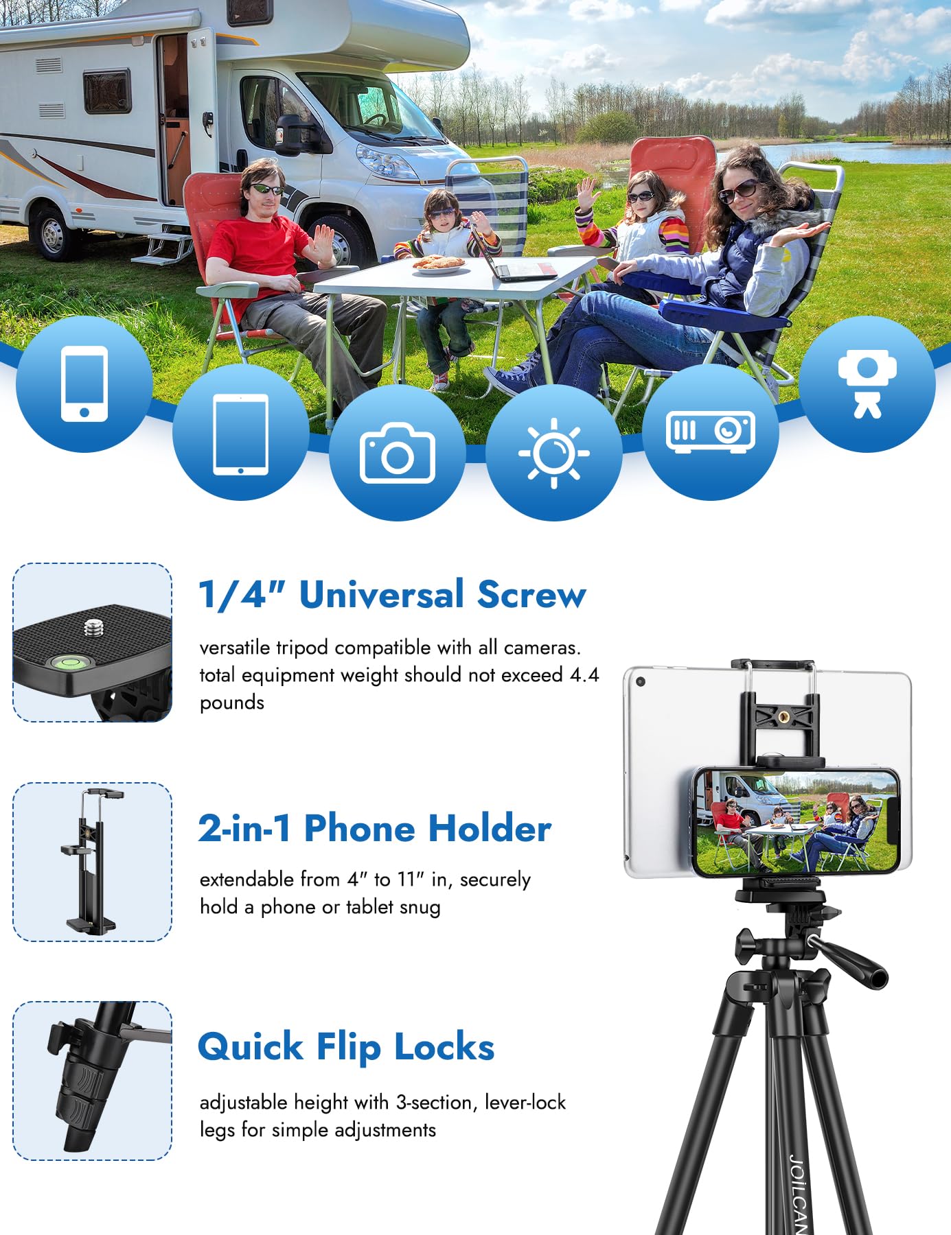 JOILCAN 67" Tripods Camera Tripod, Phone Tablet Tripod for Video Recording Vlog Photo with Remote Carry Bag, Aluminum Lightweight Travel Tripods