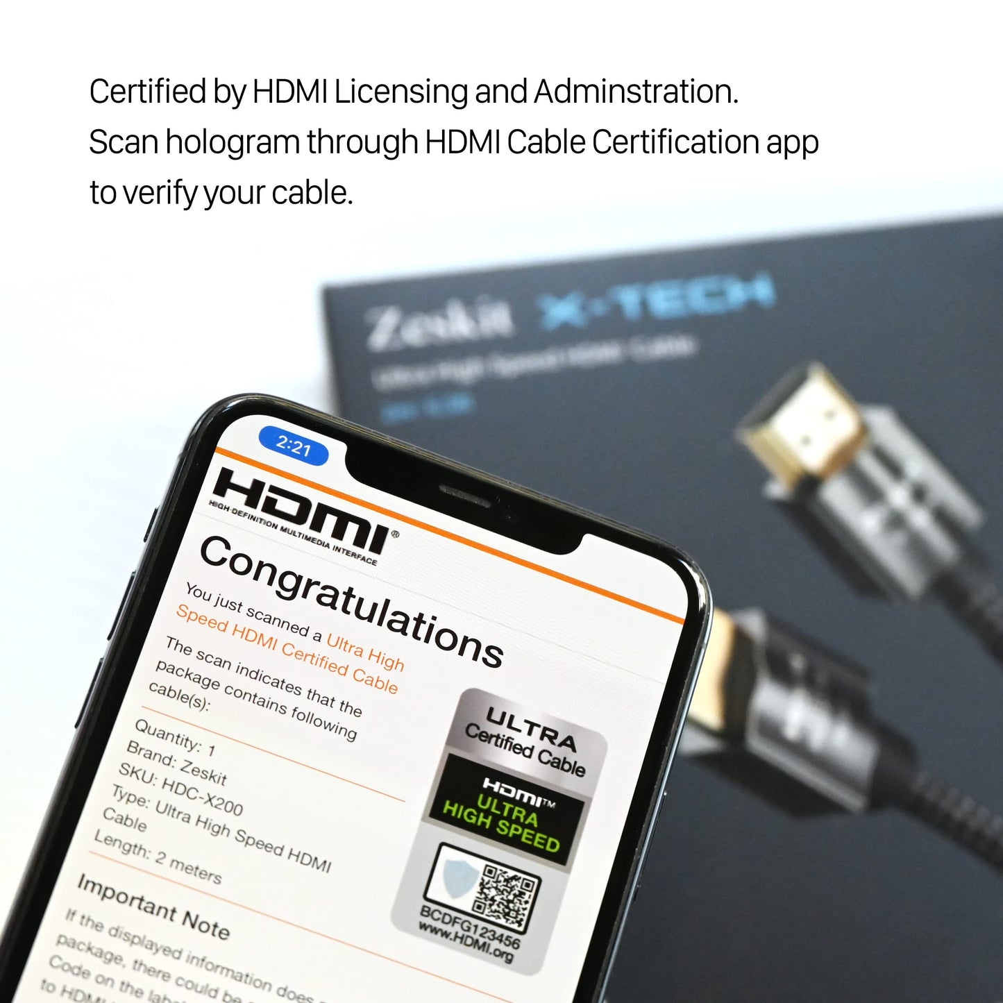 Zeskit X-Tech 48Gbps Ultra High Speed HDMI Cable 6.5ft, 8K60 4K120 144Hz eARC HDR HDCP 2.2 2.3 Compatible with Dolby Vision Apple TV 4K Roku Sony LG