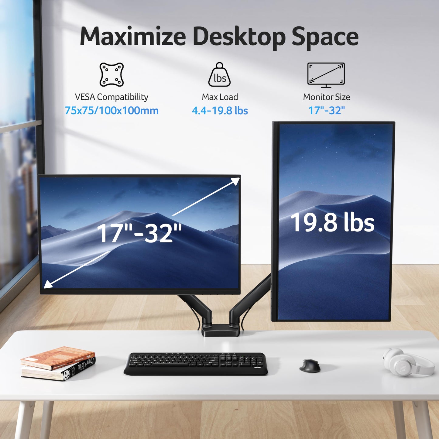 Acer Dual Monitor Arm, Computer Desk Arm with VESA Mounts for 17-32? Screens, Fully Adjustable Gas Spring Monitor Stand, C-Clamp and Grommet Mounting