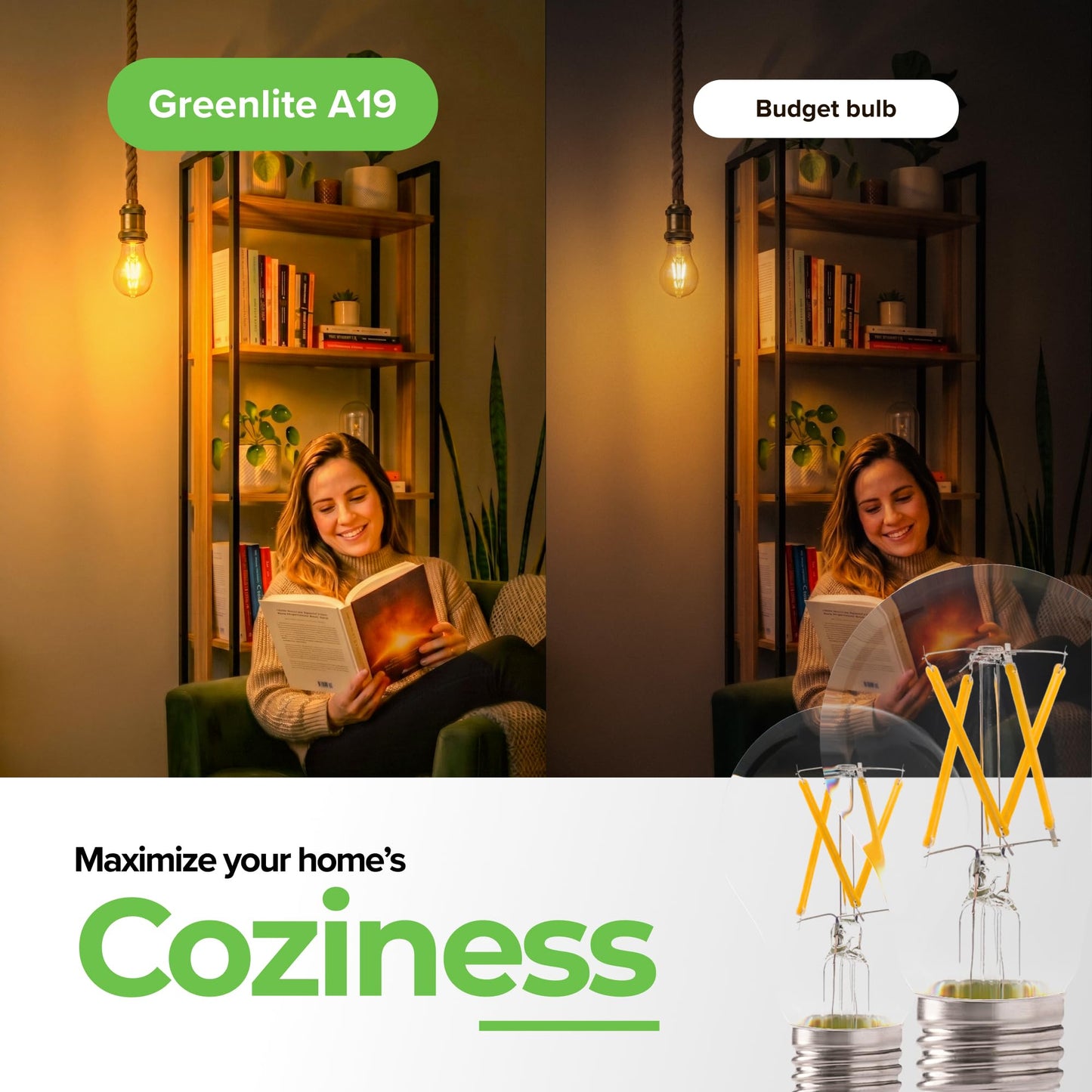Greenlite A19 Bulbs, Filament Style, 7W (60W Equivalent), 2700K, 4 Pack