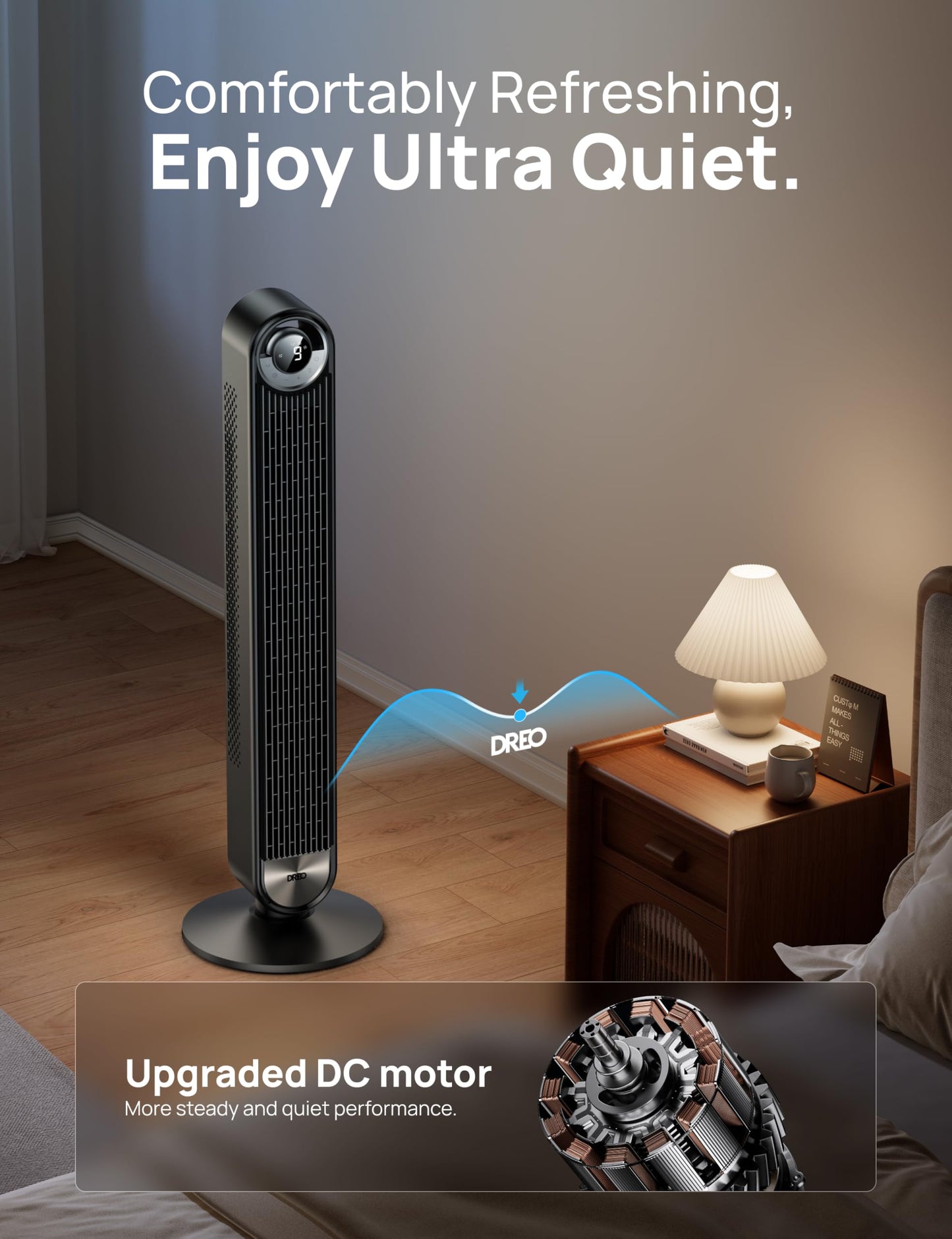 DREO Tower Fan for Bedroom, Upgraded DC 28ft/s Velocity, 9 Speeds