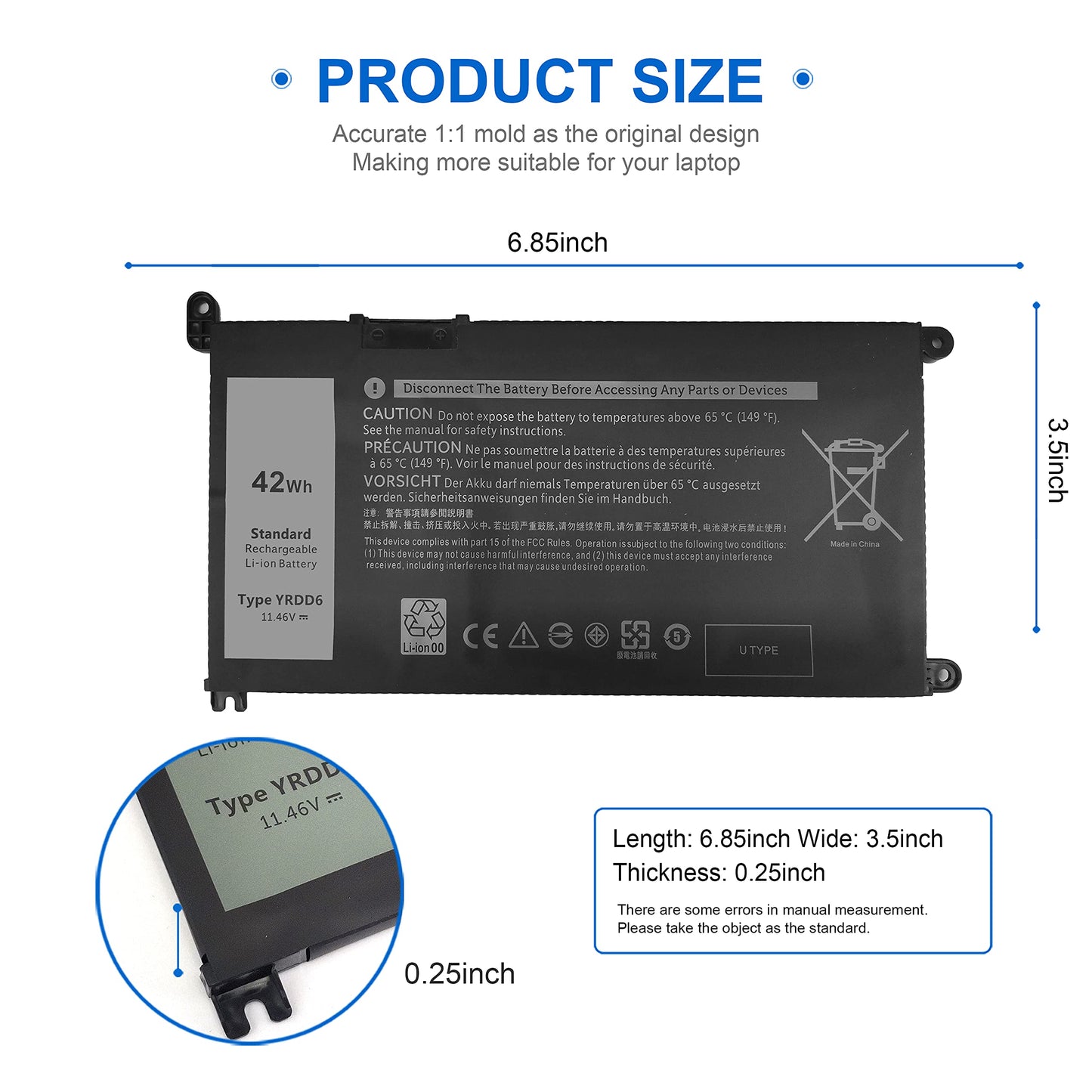 42Wh YRDD6 1VX1H Battery for Dell Inspiron 5482 5485 7586 3583 5491 5591 5481 3310 2-in-1 5593 5584 3493 3593 3793 5480 3582 5581 5590 3584 5493 5585