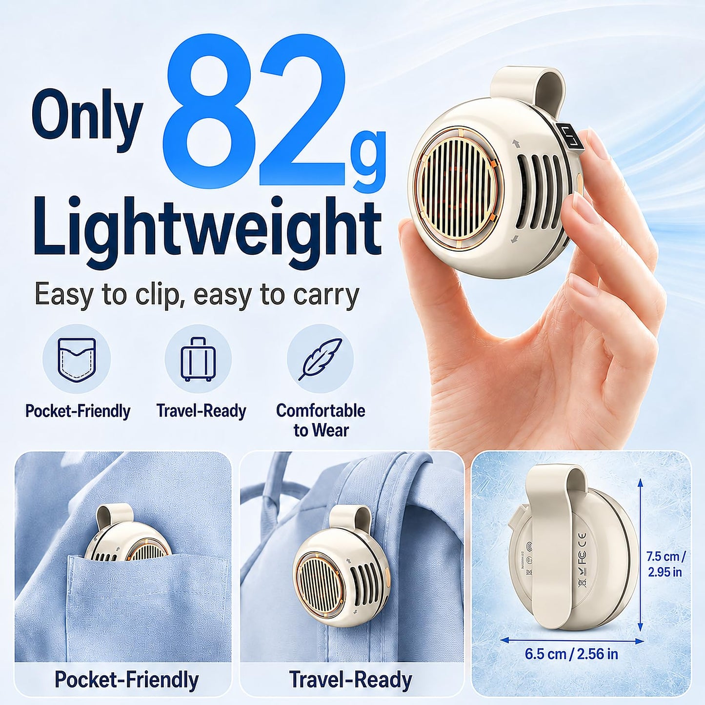 Portable Clip on Fan, Bladeless Waist Clip Fan with 5 Speeds, USB-C Rechargeable Mini Quiet Fan, LED Display, 1000mAh Battery, 82g Lightweight, Up