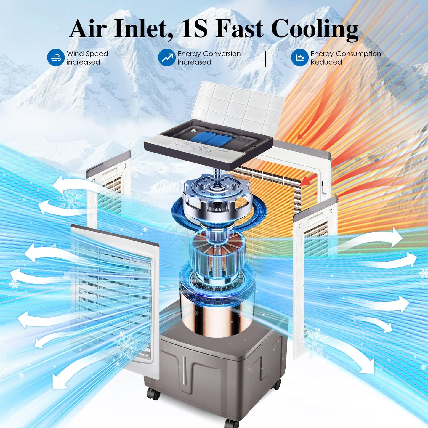 8 Gallon Evaporative Air Cooler Fan with Remote, 4-in-1 Tower Cooler, 2 Ice Boxes, Wide-Angle Airflow for Indoor