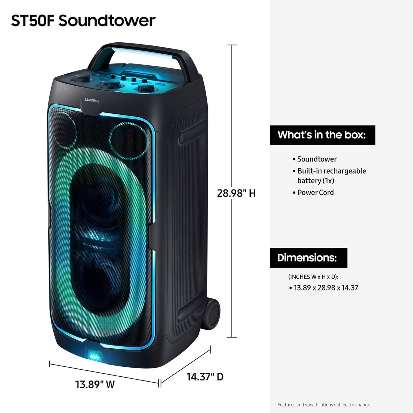 Samsung ST50F Sound Tower Portable Party Speaker with Built-in Battery, Bluetooth, IPX4 Splash Resistant, Up to 18 Hours Battery Life, Directional
