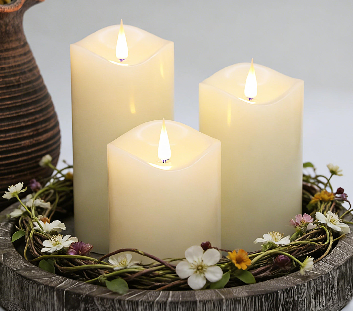 CFDECOR Flickering Flameless Candles with Remote Timer,Realistic 3D Moving Flame Led Candles,Set of 3 Battery Operated Pillar Fake Electronic Real Wax